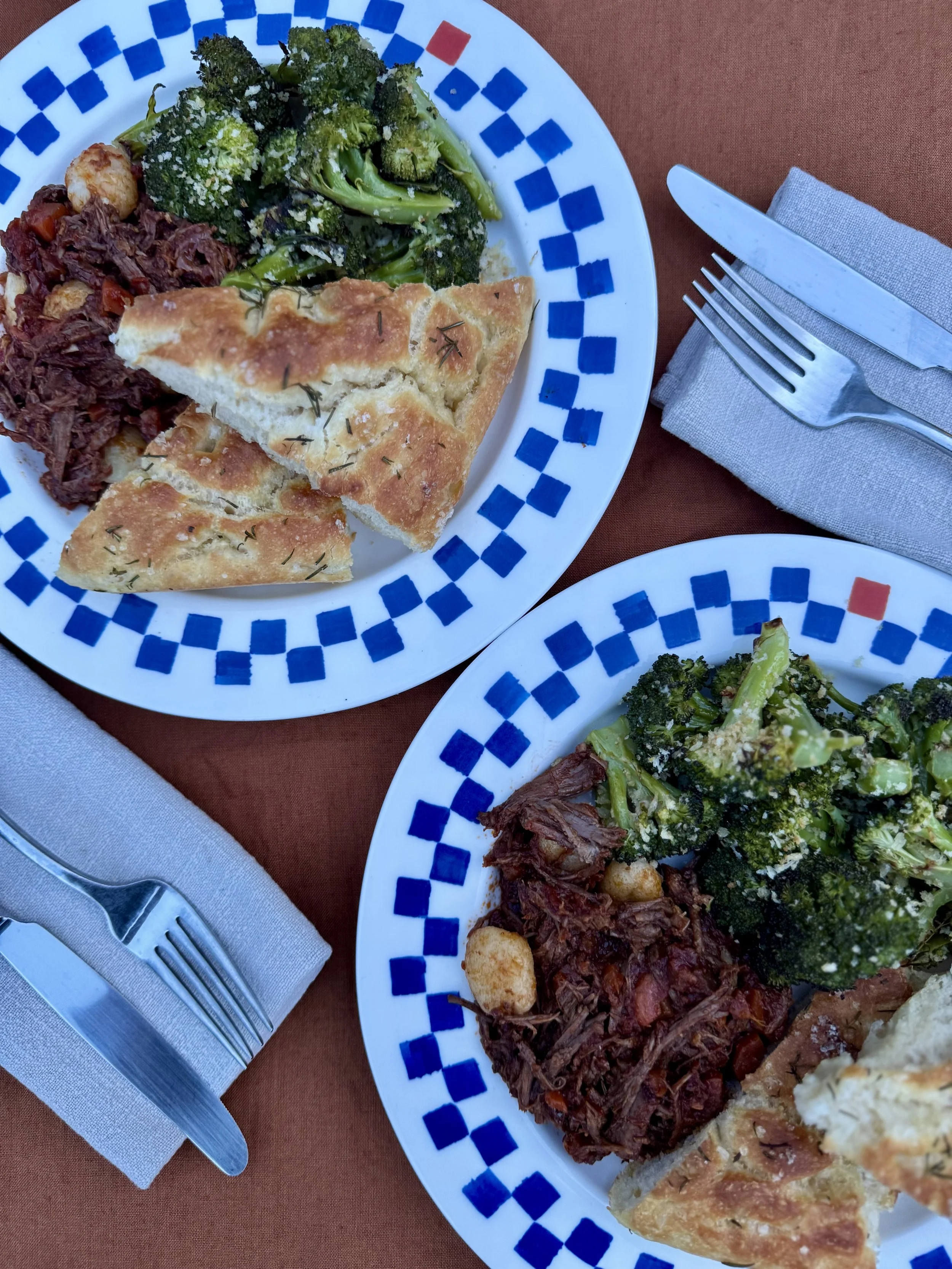 Tuesday, March 17th - Red Wine–Braised Beef Ragù over Gnocchi with House Focaccia & Caesar-Style Roasted Broccoli - Serves 2