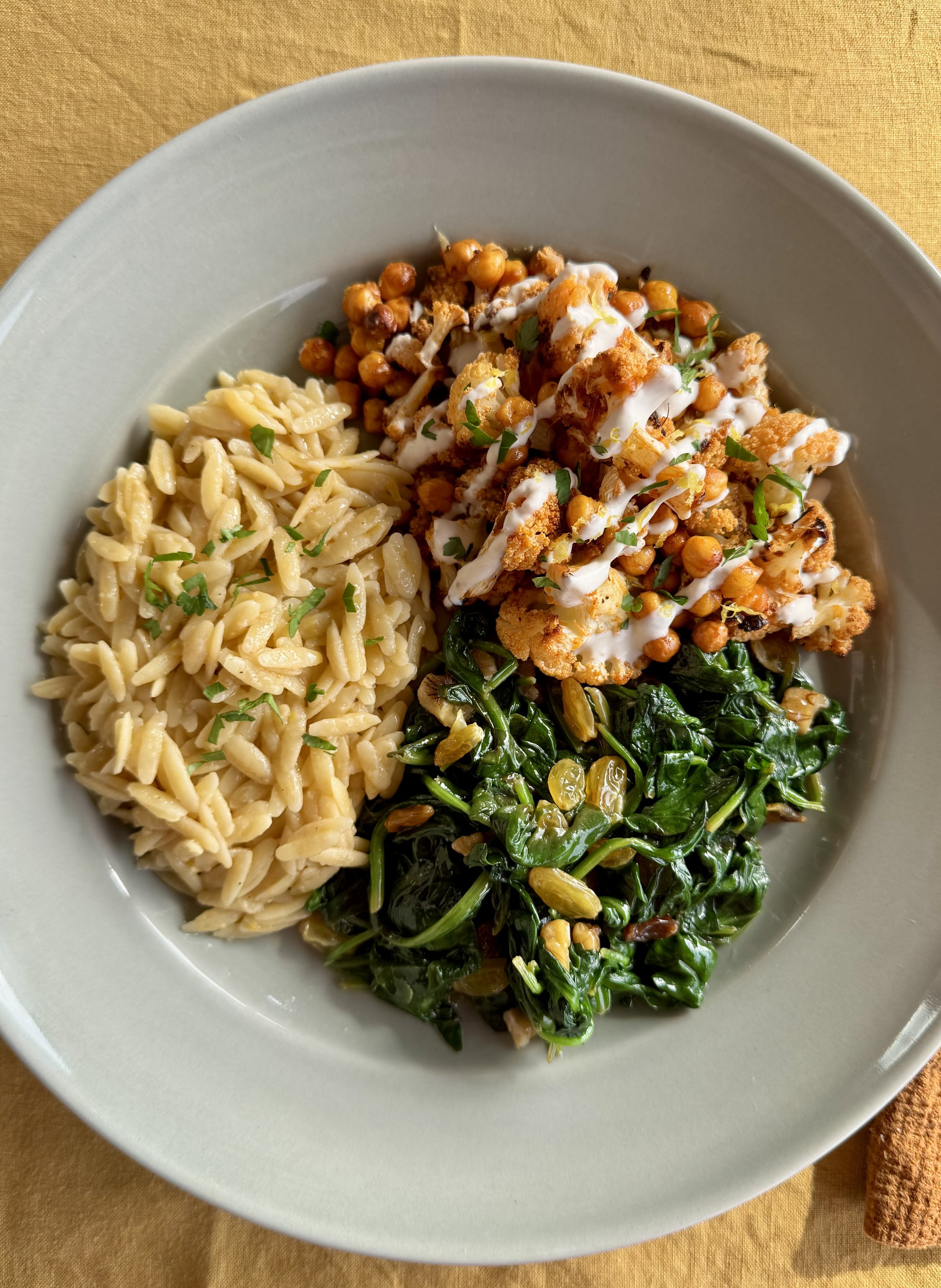 Tuesday, March 24th - Harissa-Roasted Cauliflower & Chickpeas with Yogurt Tahini, Creamy Lemon Orzo & Warm Spinach Salad - Serves 2