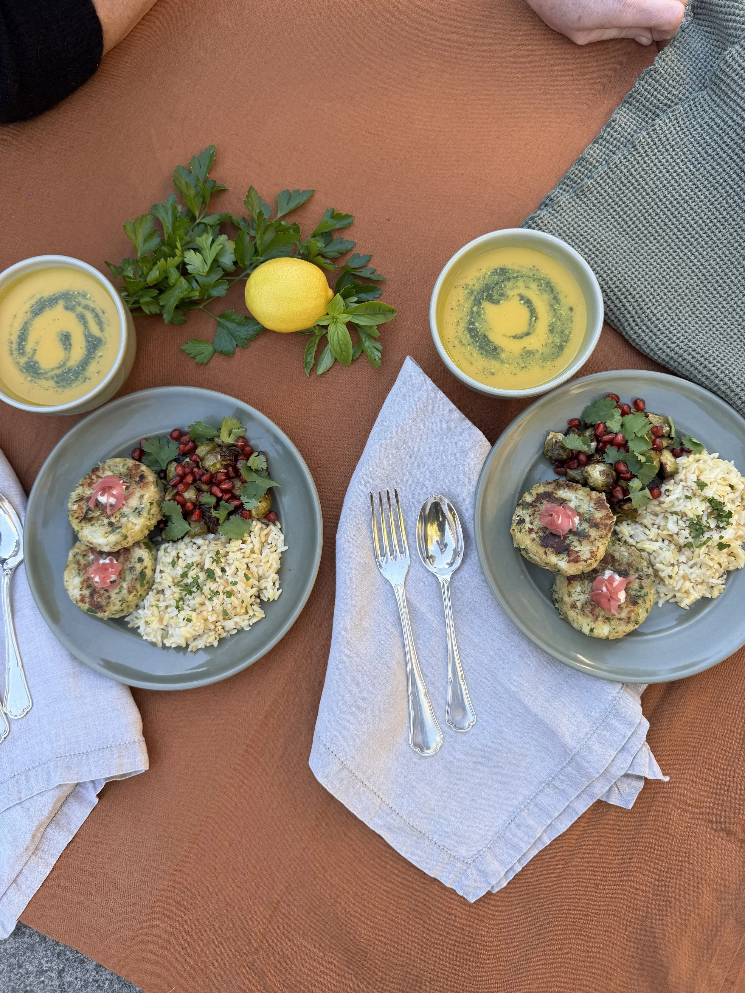 Tuesday, December 9th - Roasted Butternut Squash Soup, Cod Fish Cakes, Glazed Brussel Sprouts, Rice Pilaf - Serves 2