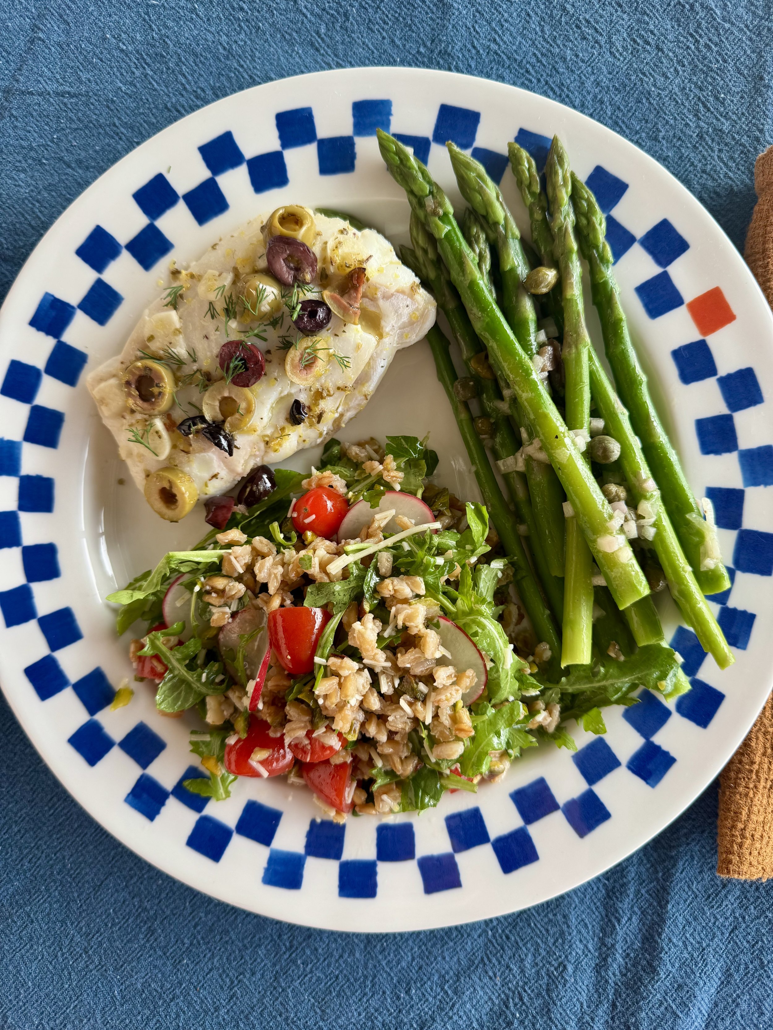 Tuesday, March 31st - Olive and Lemon Baked Cod with Herbed Farro Salad & Capered Asparagus - Serves 2