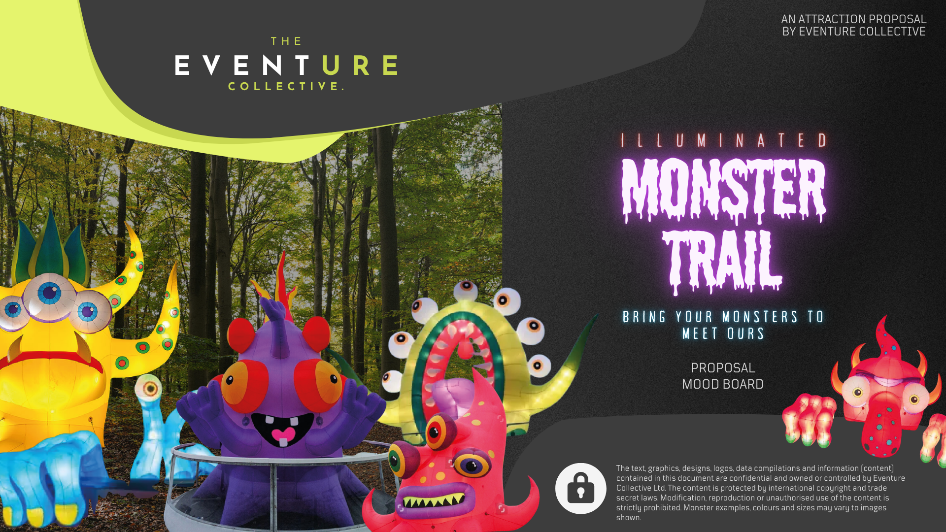 Colorful illuminated monster lanterns displayed in a forest setting, promoted as part of the 'Illuminated Monster Trail' attraction proposal by Venture Collective.