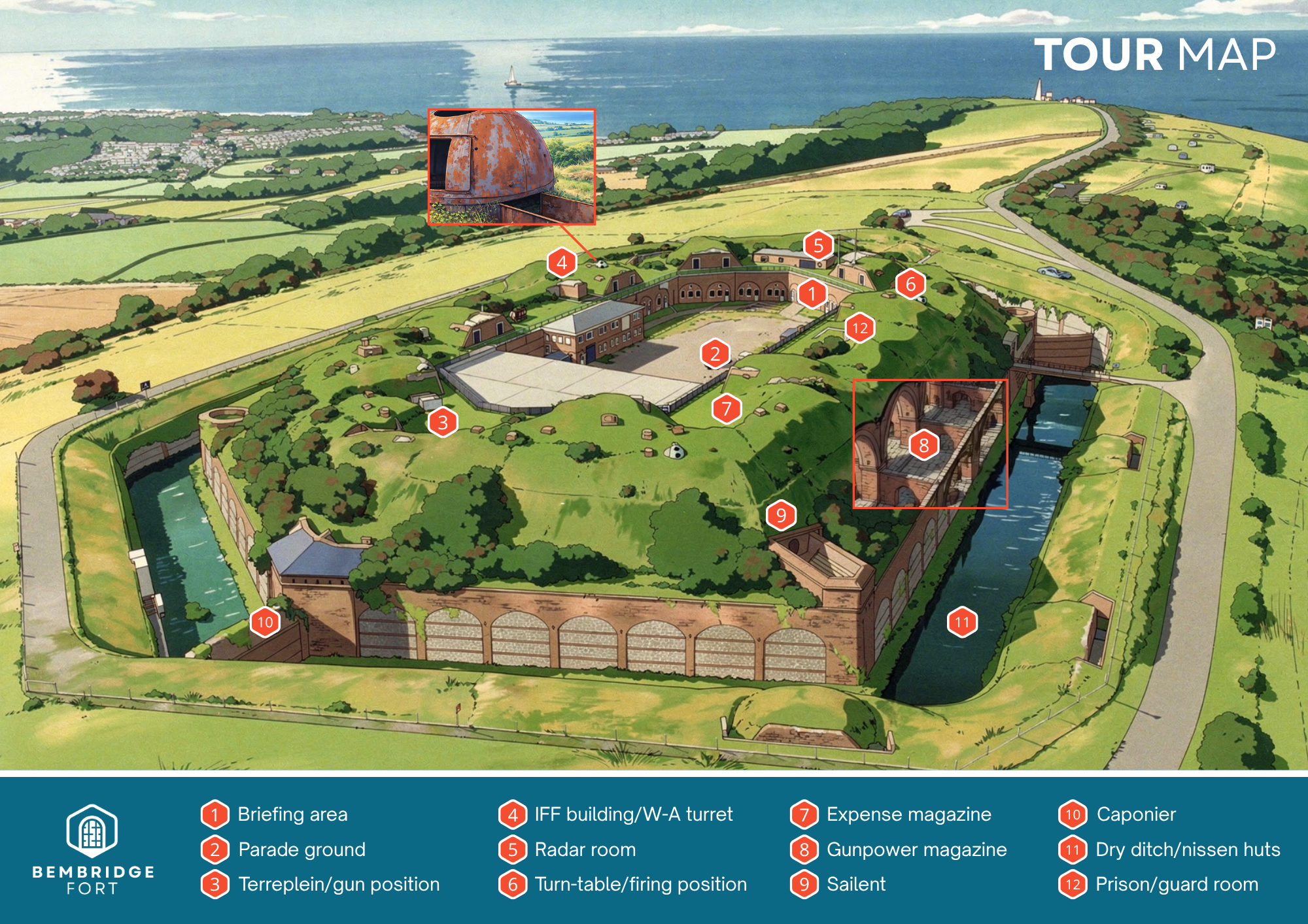 A detailed illustrated map of Bembbridge Fort with numbered labels indicating various features such as briefing area, parade ground, terrelpin/gun position, IFF building/W-A turret, radar room, turn-table/firing position, expense magazine, gunpowder magazine, salients, caponiers, dry ditch/nissen huts, and prison/guard room. The map also highlights the fort's layout with surrounding landscape and water bodies.