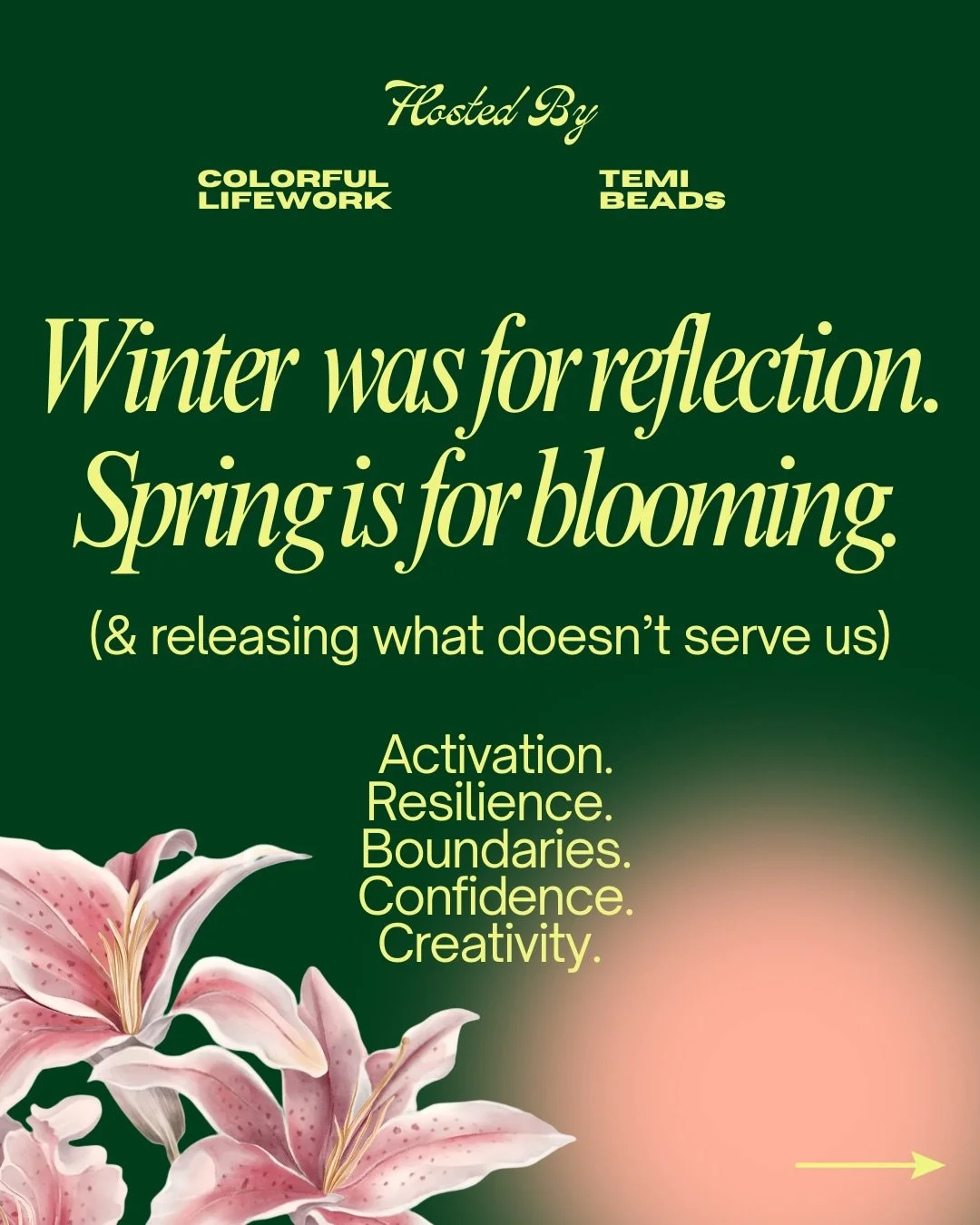 &ldquo;Spring is for releasing and blooming.&rdquo; 🌸

Join us for Spring Release: Flow &amp; Bloom &mdash; a night of movement, healing, and intention setting.

Expect:
✨ Yoga flow for all levels 
✨ Group embodiment coaching to release limiting bel