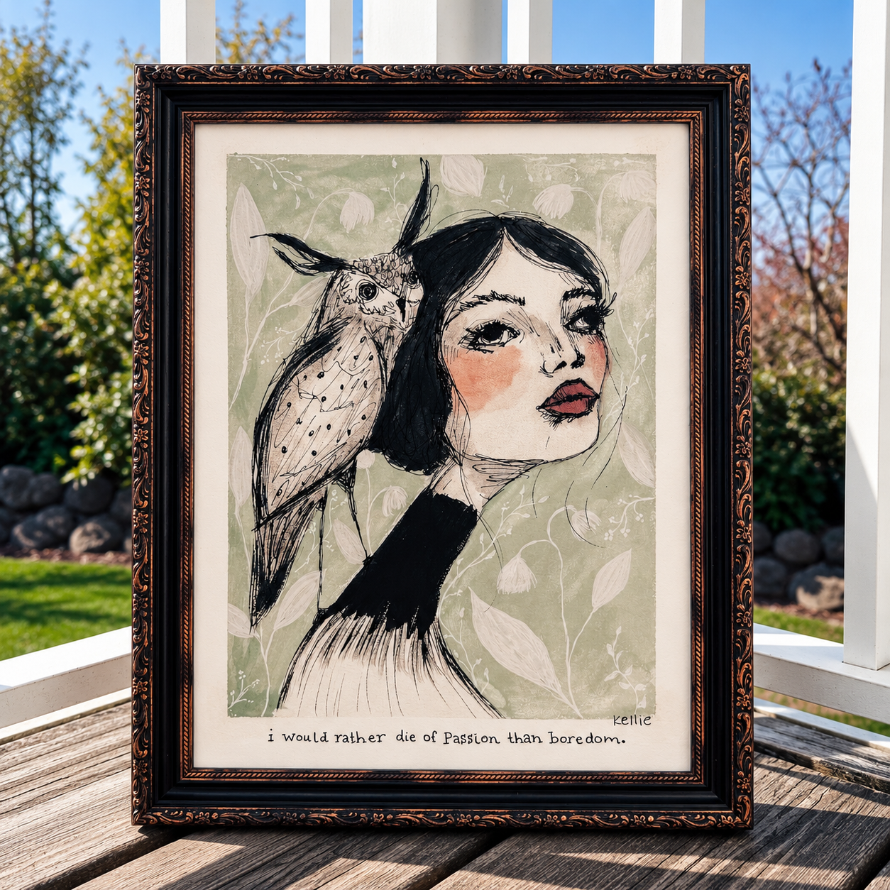 Framed Owl and Woman Portrait.png
