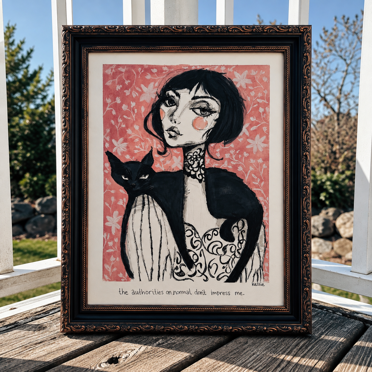Framed Gothic Cat Portrait on a Sunlit Porch.png