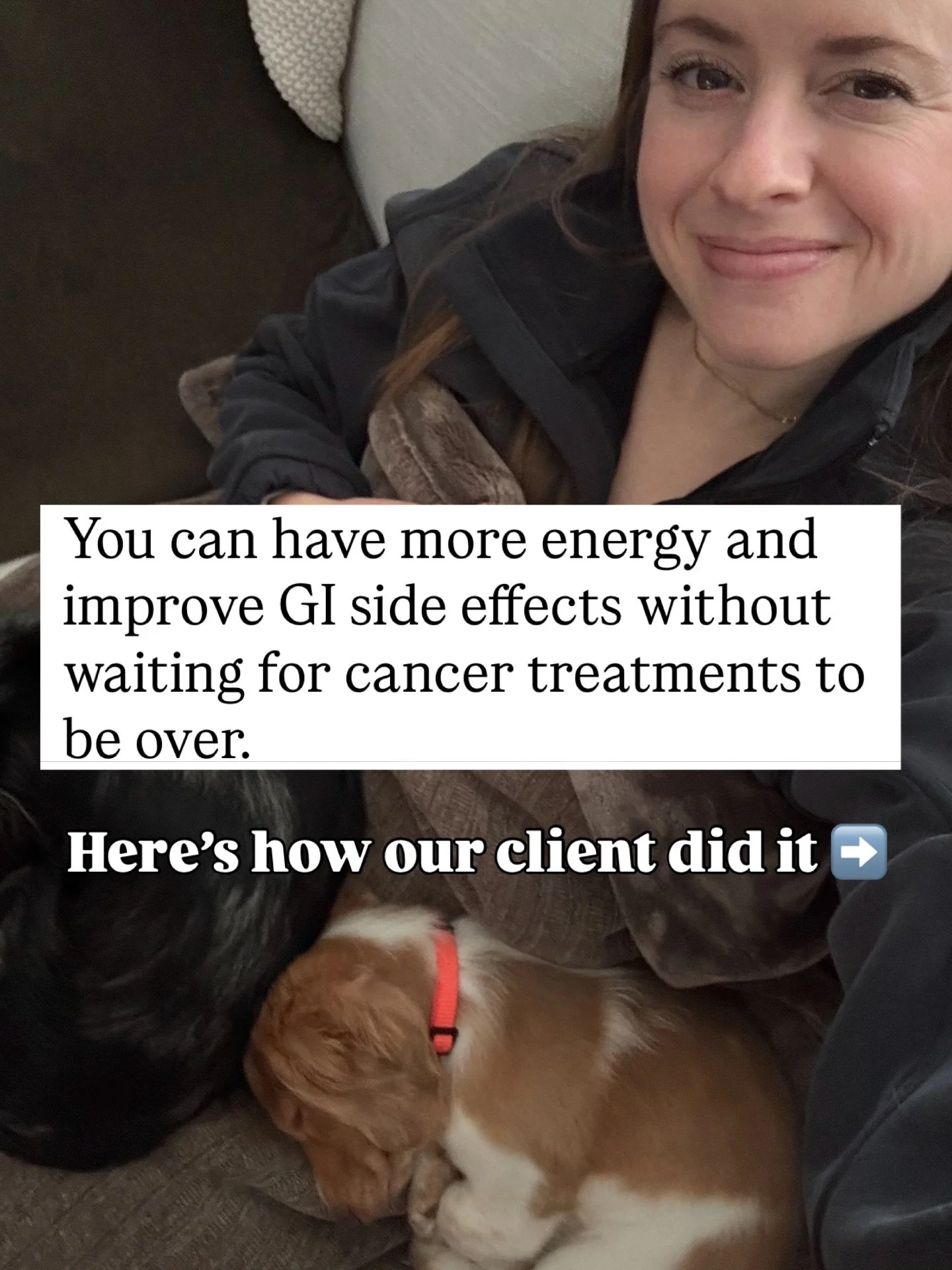 Mel had already had surgery and done 4 months of chemo + immunotherapy for ovarian cancer when she came to us last fall

She was still feeling residual side effects (nausea, fatigue, and diarrhea) even though she was done with chemo.

For her next ph