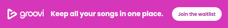 Groovi app banner with purple background and white text promoting keeping all songs in one place and a button to join the waitlist.