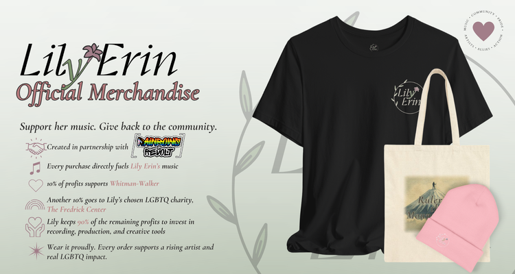 Lily Erin official merch: black tee, tote bag and pink beanie