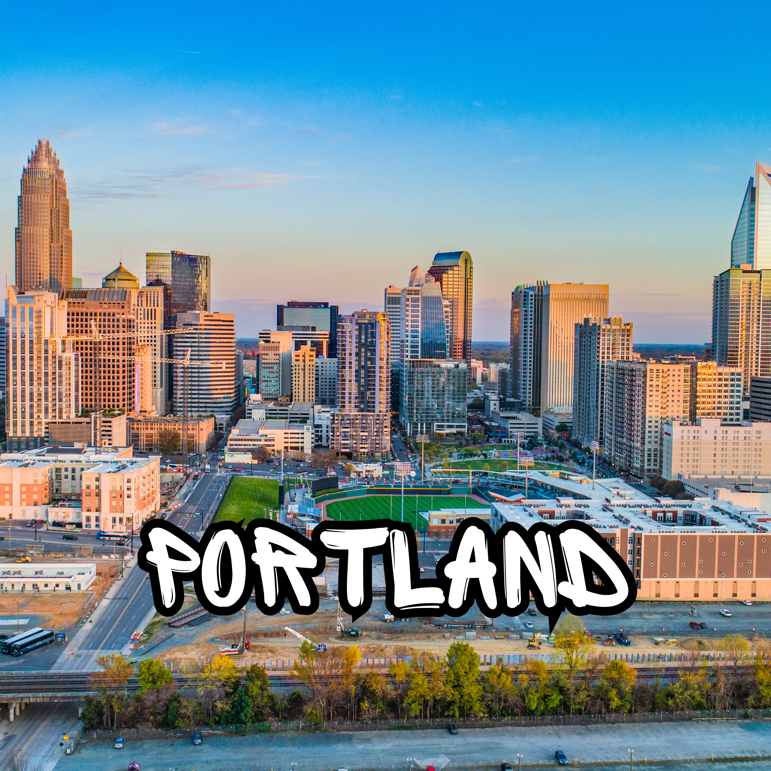A city skyline with tall modern buildings under a clear blue sky with a few clouds. A stadium with a green field and a track is visible in the foreground.