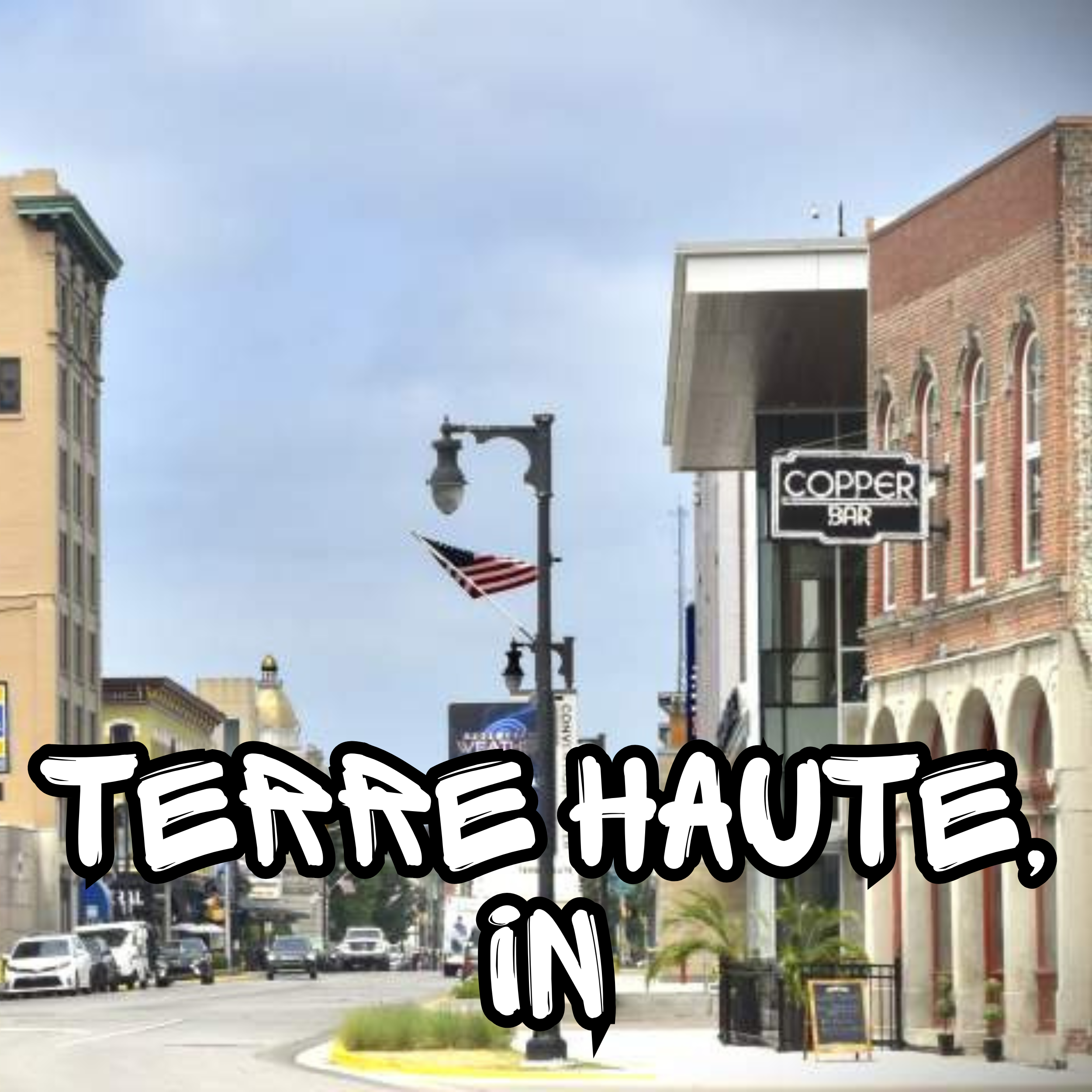 Street view of a city with buildings, parked cars, a street lamp, and a sign that says 'Copper Bar'. The top part of the image shows a clear sky with some clouds.