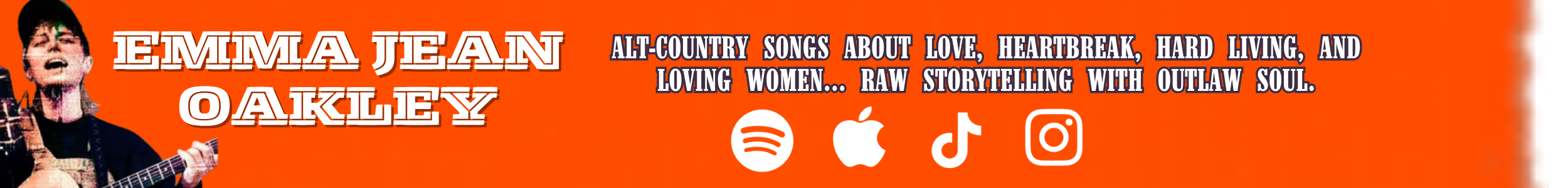 Banner promoting Emma Jean Oakley's music and storytelling, featuring her photo playing guitar, with icons for Spotify, Apple, TikTok, and Instagram.