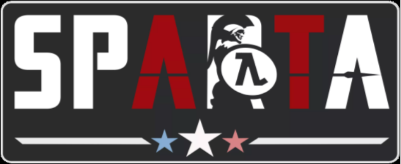 Design with the word 'SPARTA' in bold white and red letters, a Spartan helmet, the Greek letter lambda, and stars in blue, white, and pink.