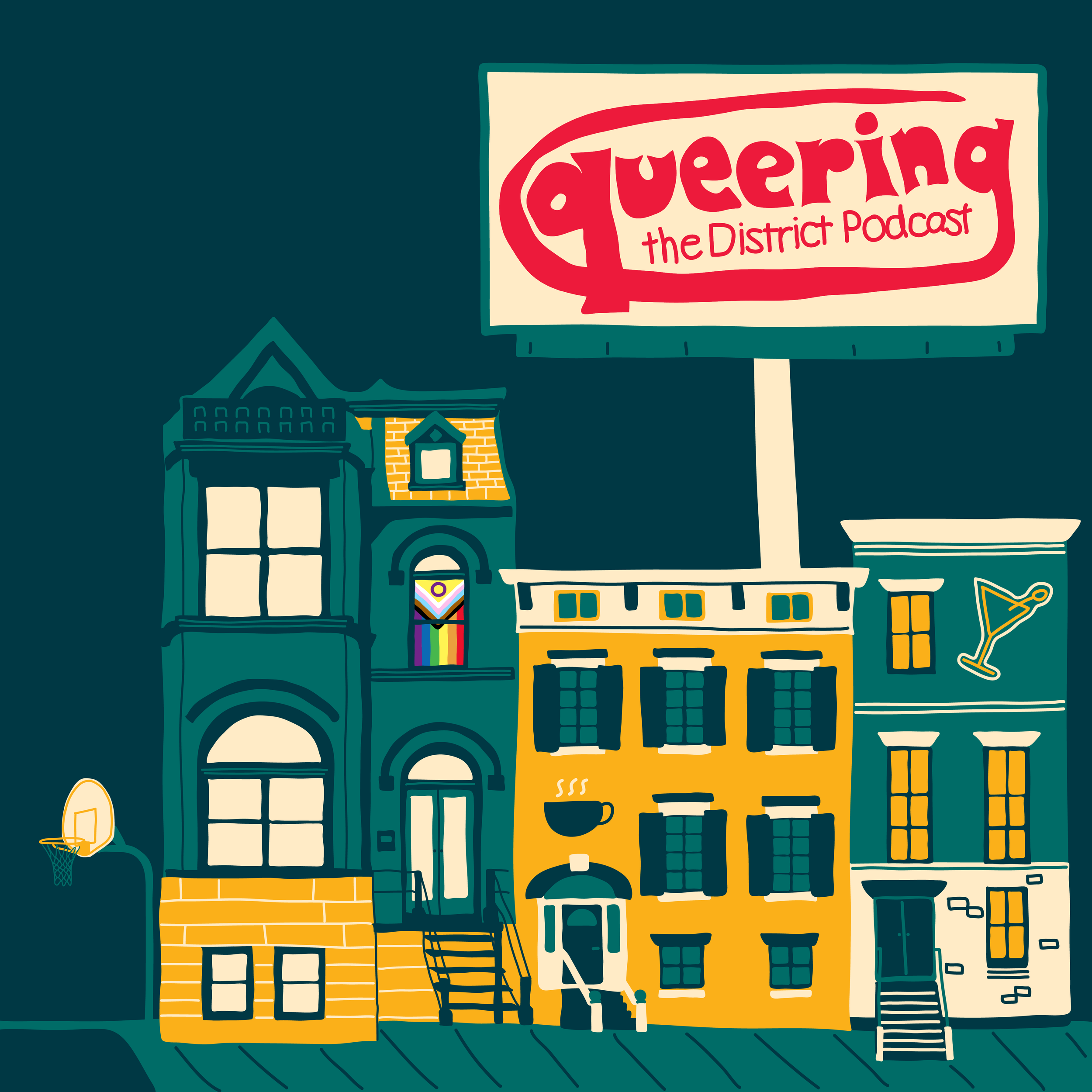 Illustration of downtown district buildings with a sign that reads 'Querina the District Podcast' and a small basketball hoop on the side.