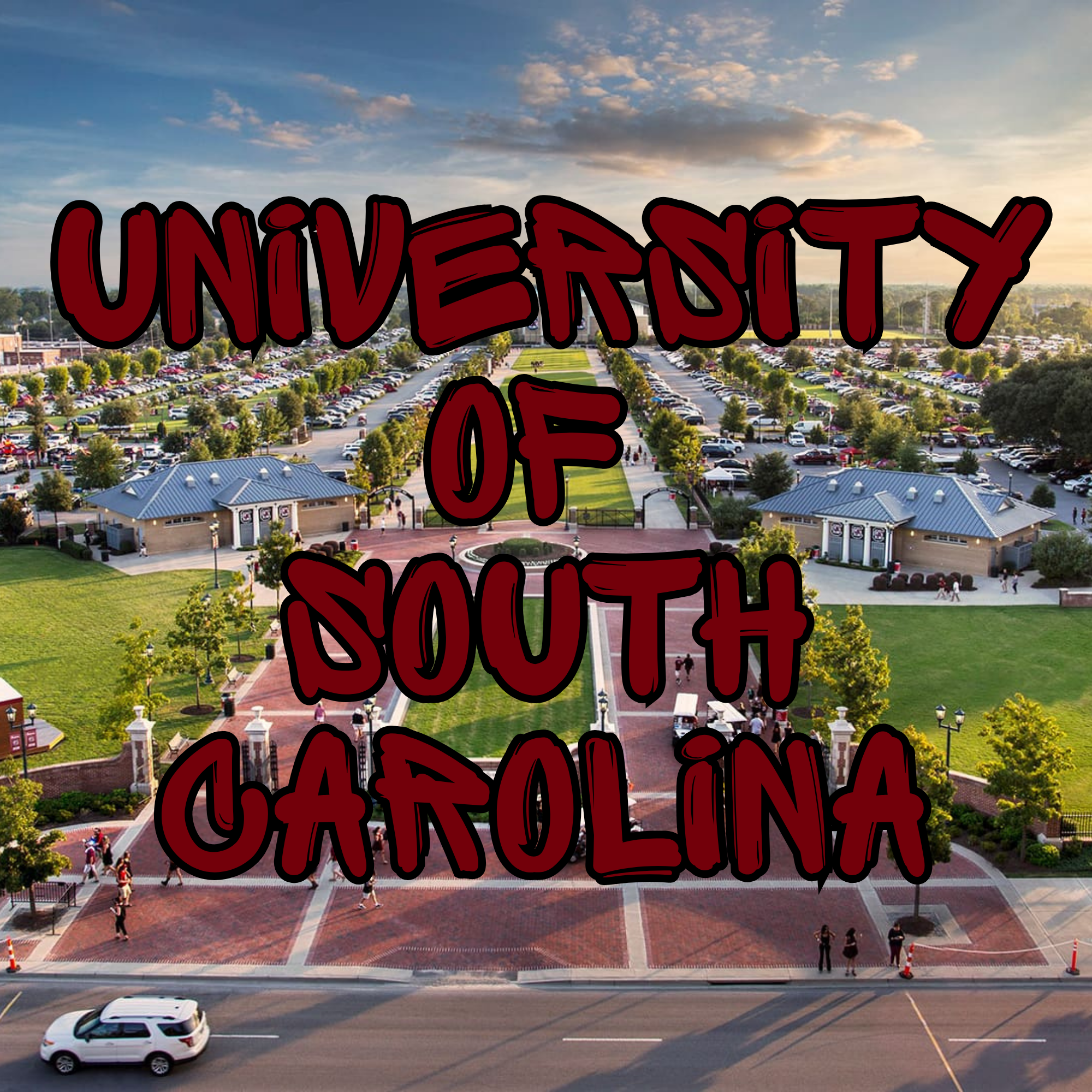 Aerial view of a parking lot and building under a sky with clouds, overlaid with stylized words reading 'INDEPENDY' and other partial text in bold, red with black outline.