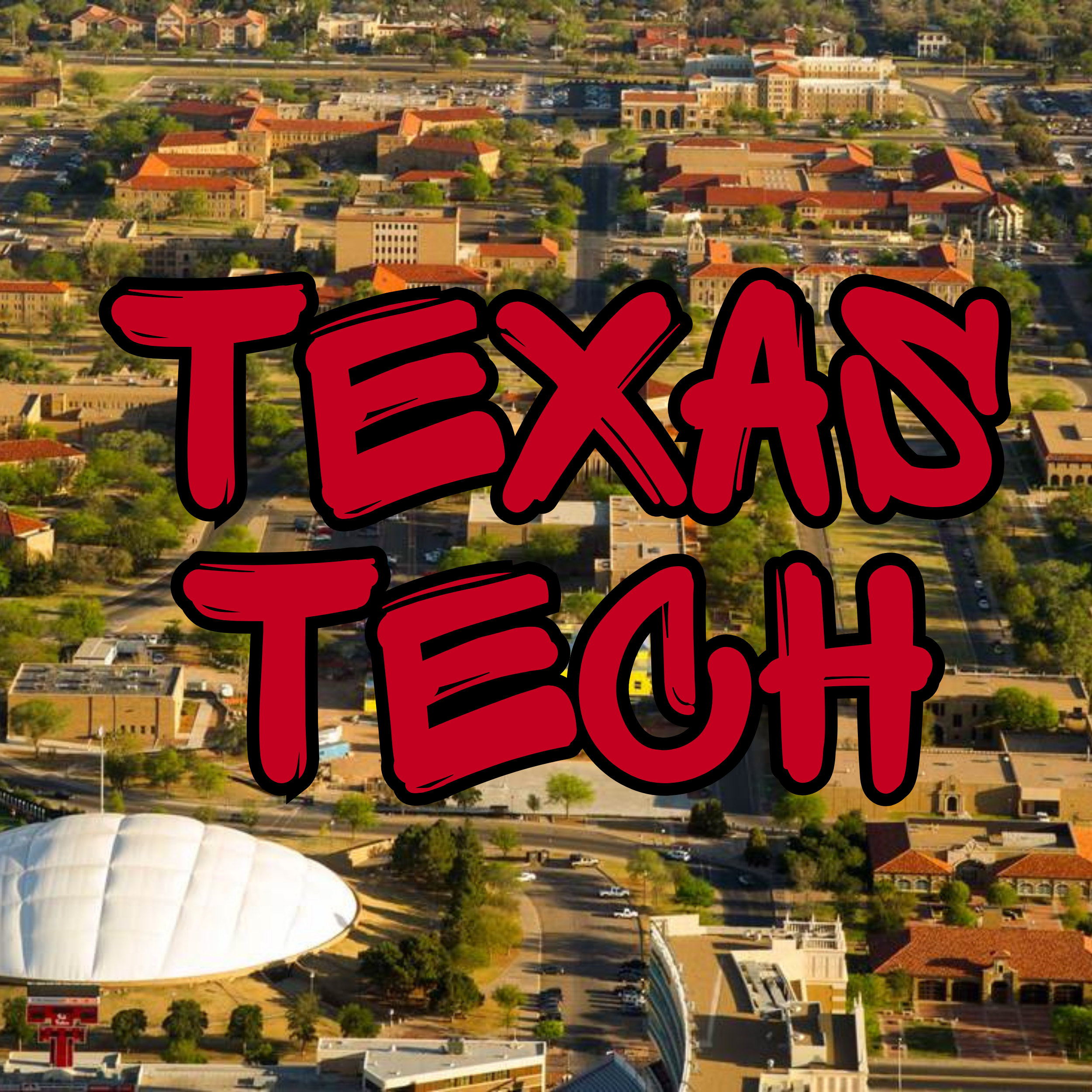 An aerial view of a university campus with red-tiled roofs, numerous parking lots, green trees, and a large domed structure in the foreground. There is a large sign with the letters "TEXAS" visible in the bottom left corner.