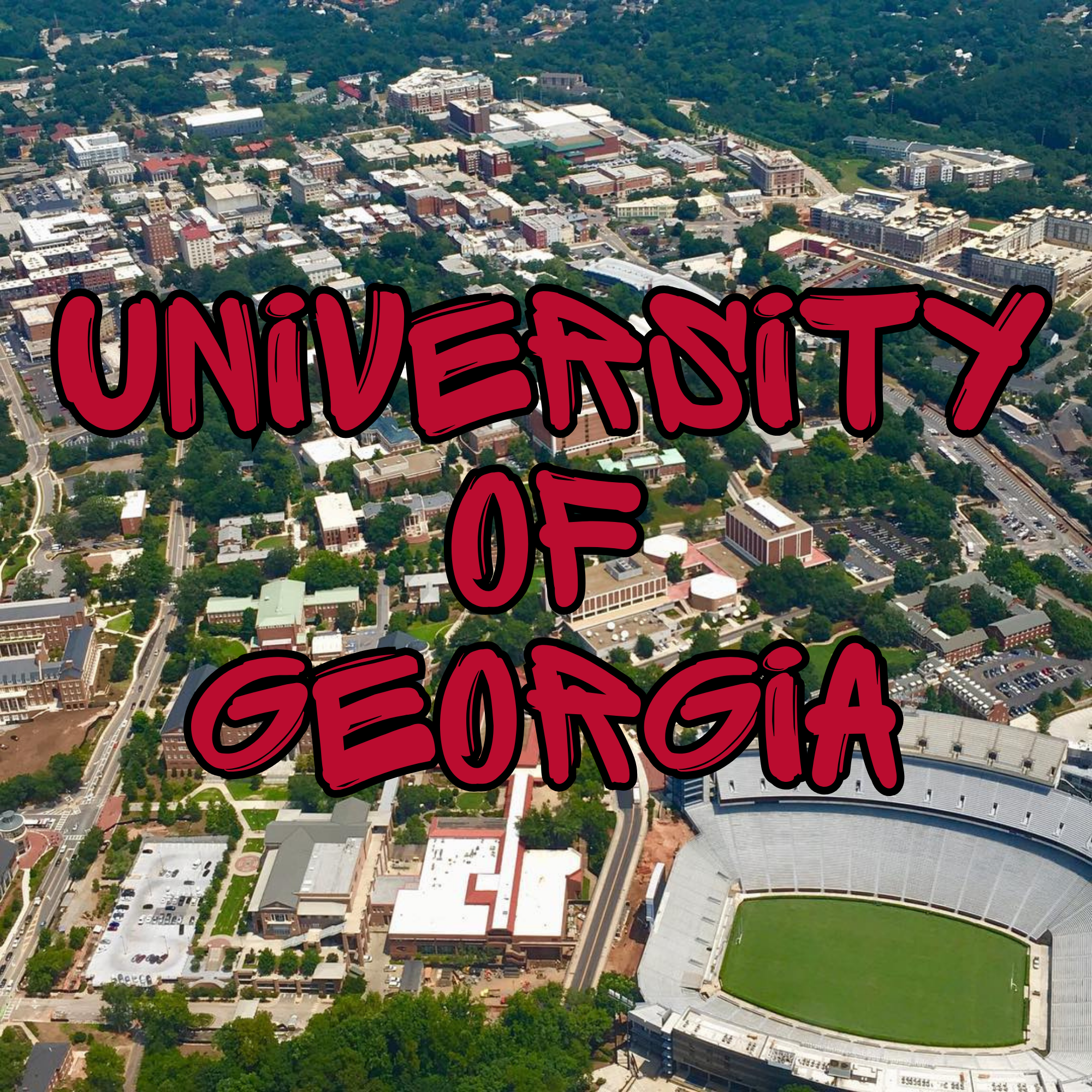 Aerial view of a university campus with buildings, parking lots, and a large green sports field, with a heavily wooded area in the background.