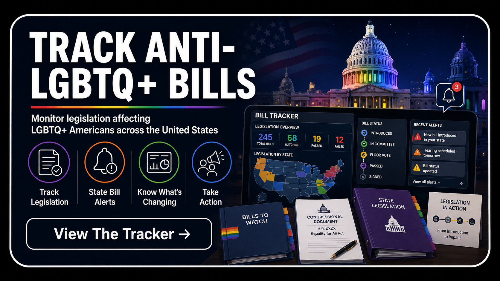 Graphic promoting legislation monitoring for LGBTQ+ rights, featuring a Capitol building lit in rainbow colors, a bill tracker, legislative overview, and protest materials.