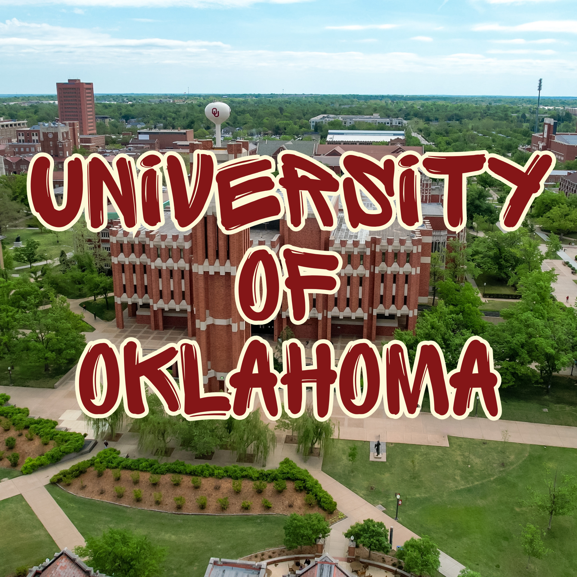 Aerial view of a university campus with red brick buildings, green trees, and a water tower with the Oklahoma University logo. The scene includes walkways, lawn areas, and distant sports field lights under a partly cloudy sky.