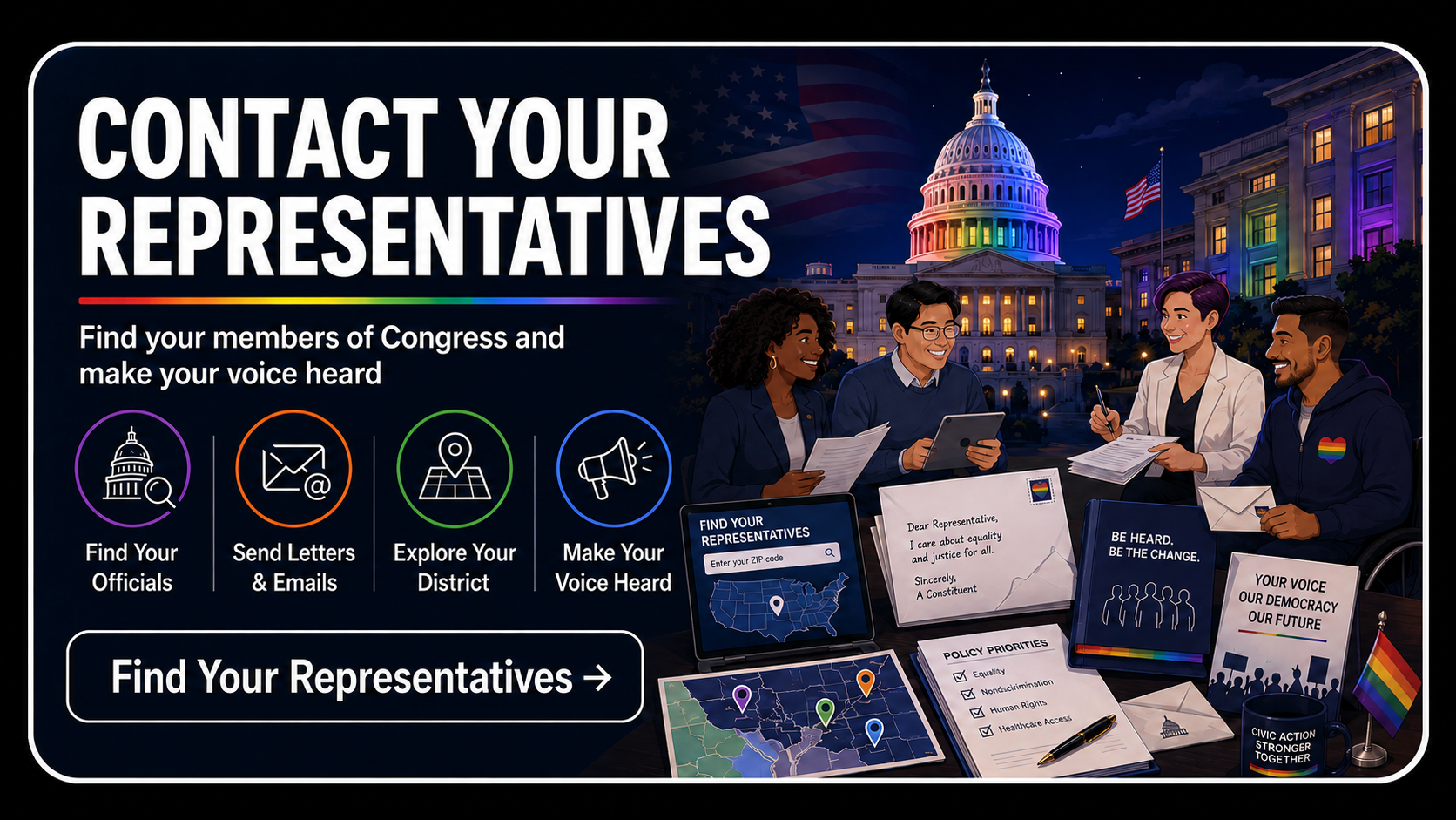 A digital illustration promoting contacting congressional representatives, featuring diverse individuals discussing behind a table with political materials, in front of the U.S. Capitol building illuminated with rainbow colors and an American flag.