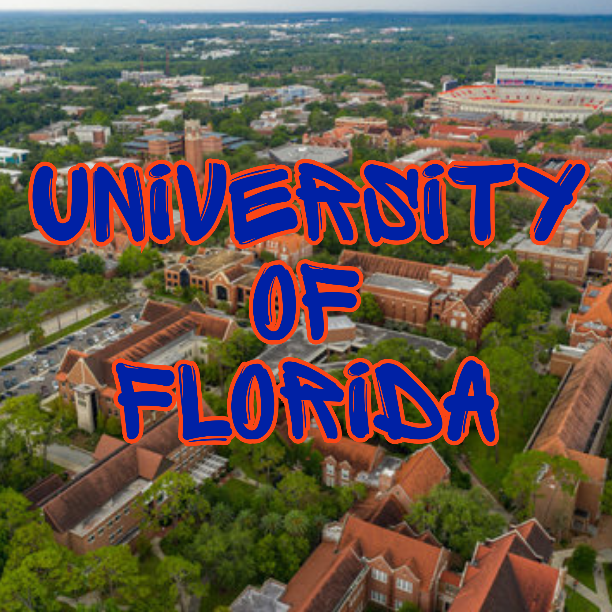 Aerial view of a university campus with surrounding trees, buildings, and a large stadium labeled 'University of'