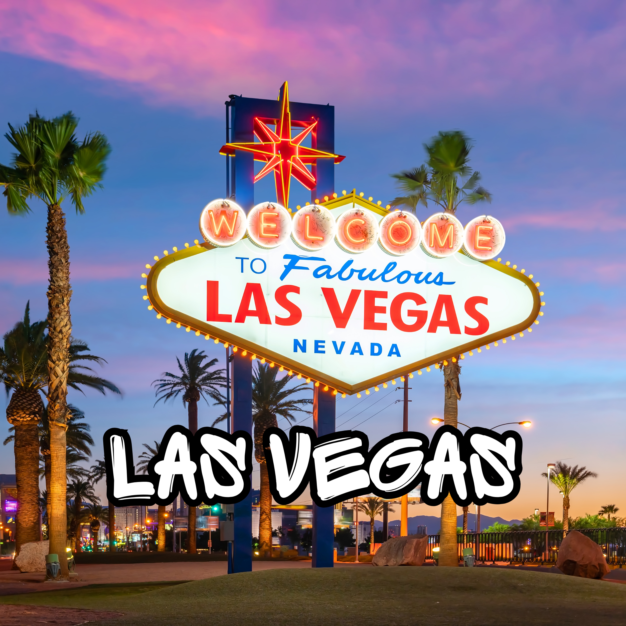 The famous Welcome to Fabulous Las Vegas sign illuminated with neon lights against a pink and purple sunset sky, with palm trees and city lights in the background.