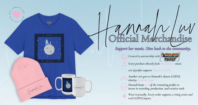 HannahLuv official merch: blue tee, pink beanie and mugs