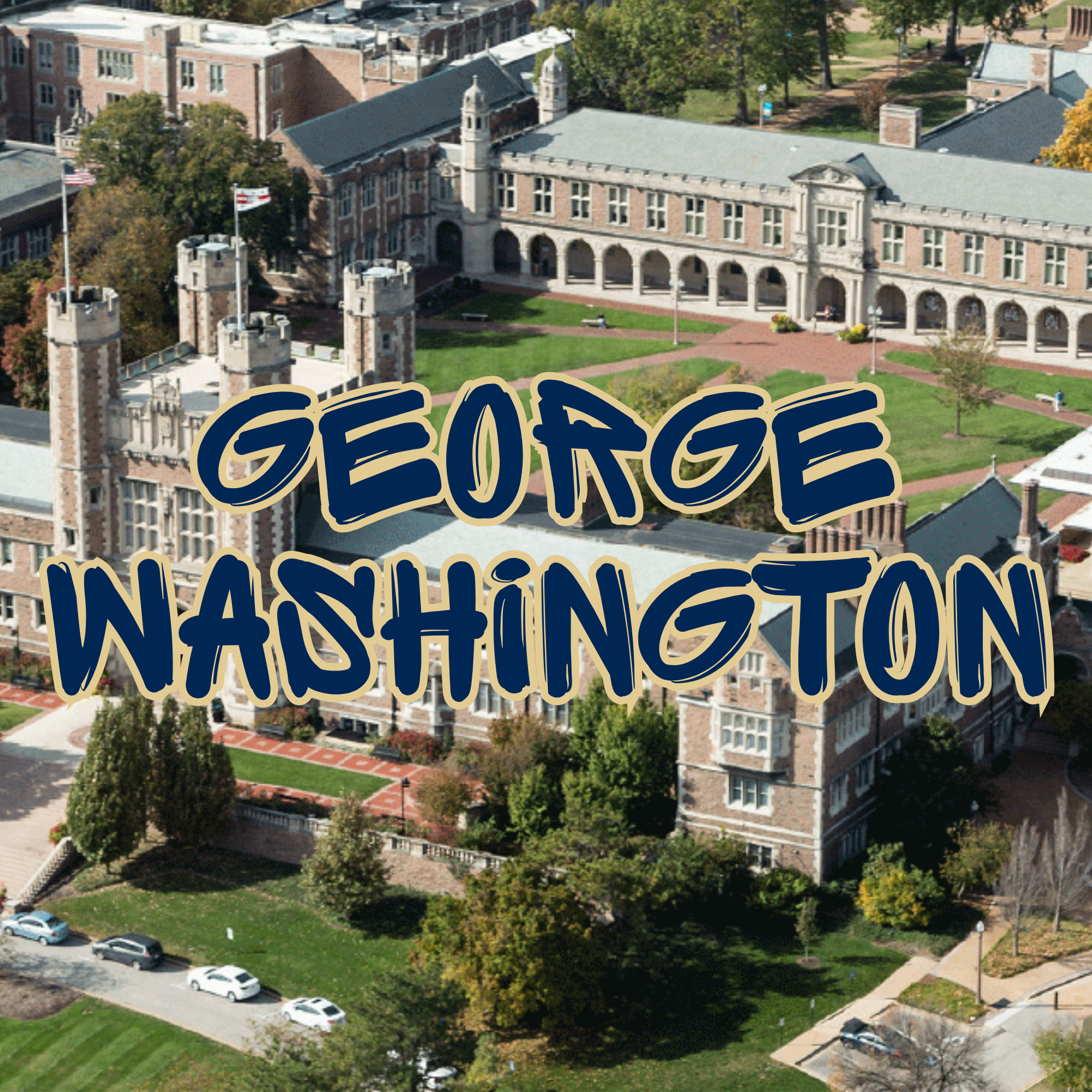 Aerial view of a large historic brick university building with towers, arches, and a green courtyard. Surrounding area includes trees, pathways, and parked cars.