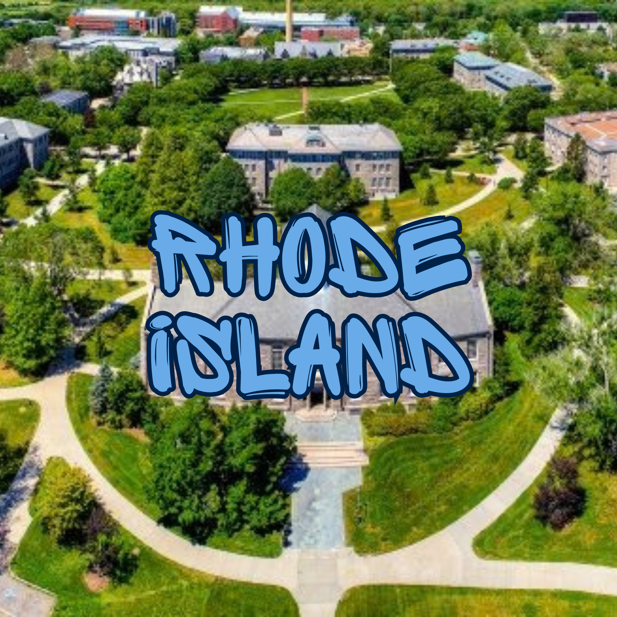 Aerial view of a university campus with green lawns, trees, pathways, and multiple buildings, including residential and academic facilities, surrounded by lush greenery.