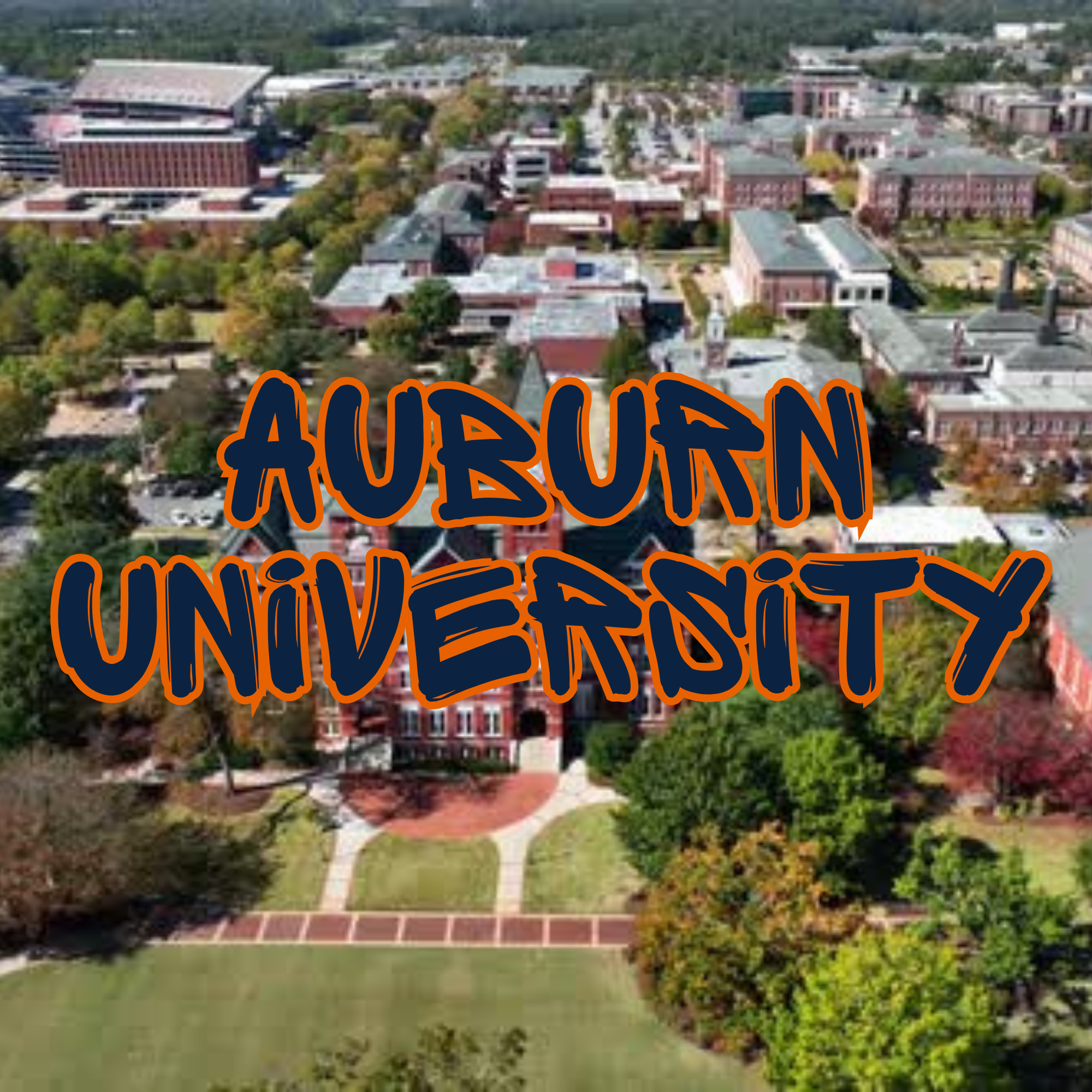 Aerial view of AU/AU/AGR campus with multiple brick buildings, trees, parking lots, and a greenly area, captioned with "Auburn University".