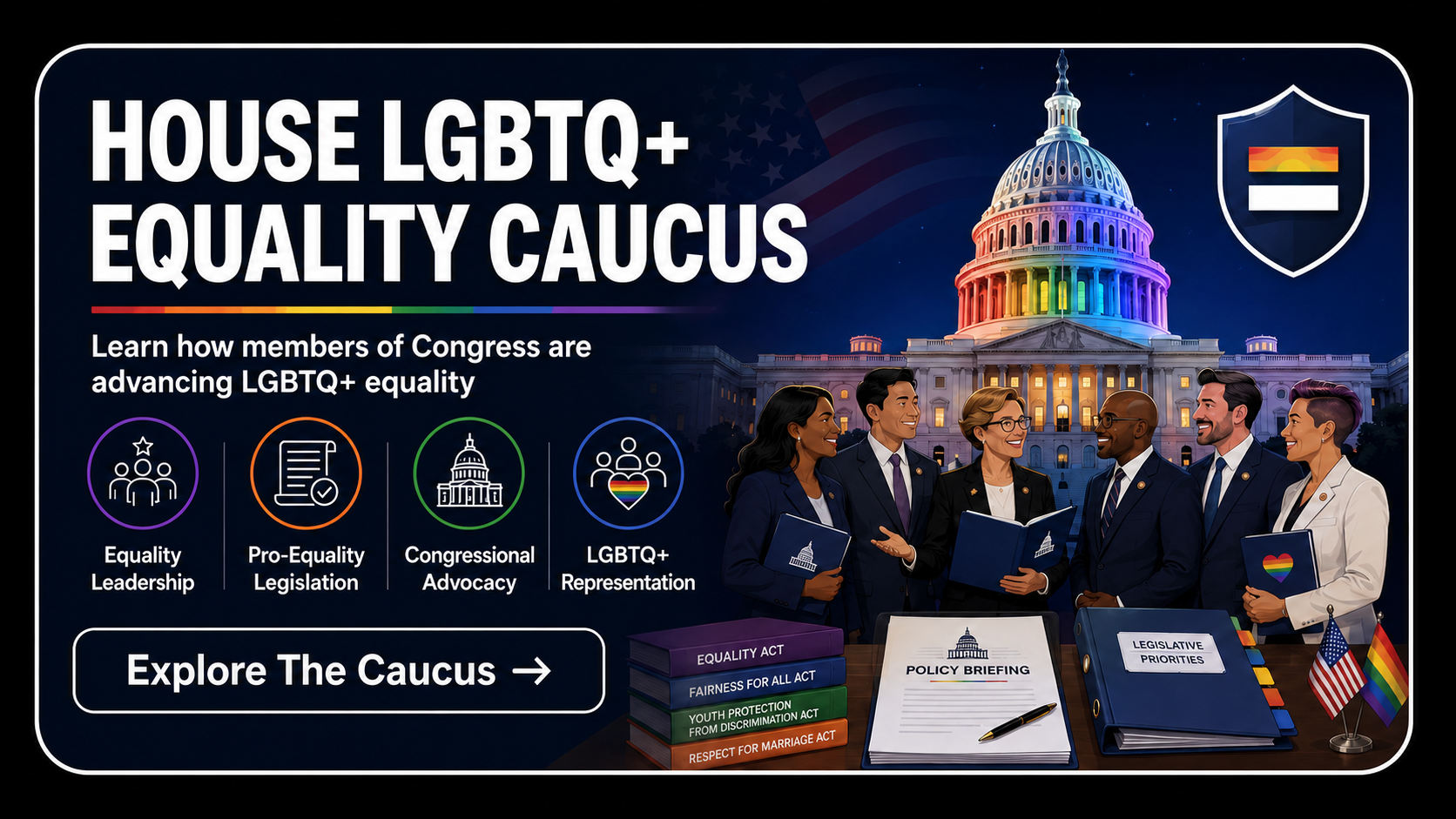 Poster for House LGBTQ+ Equality Caucus showing diverse group of lawmakers in front of Capitol building lit with rainbow colors, holding folders and flags, with text about LGBTQ+ advocacy, equality, legislation, representation, and a call to explore the caucus.