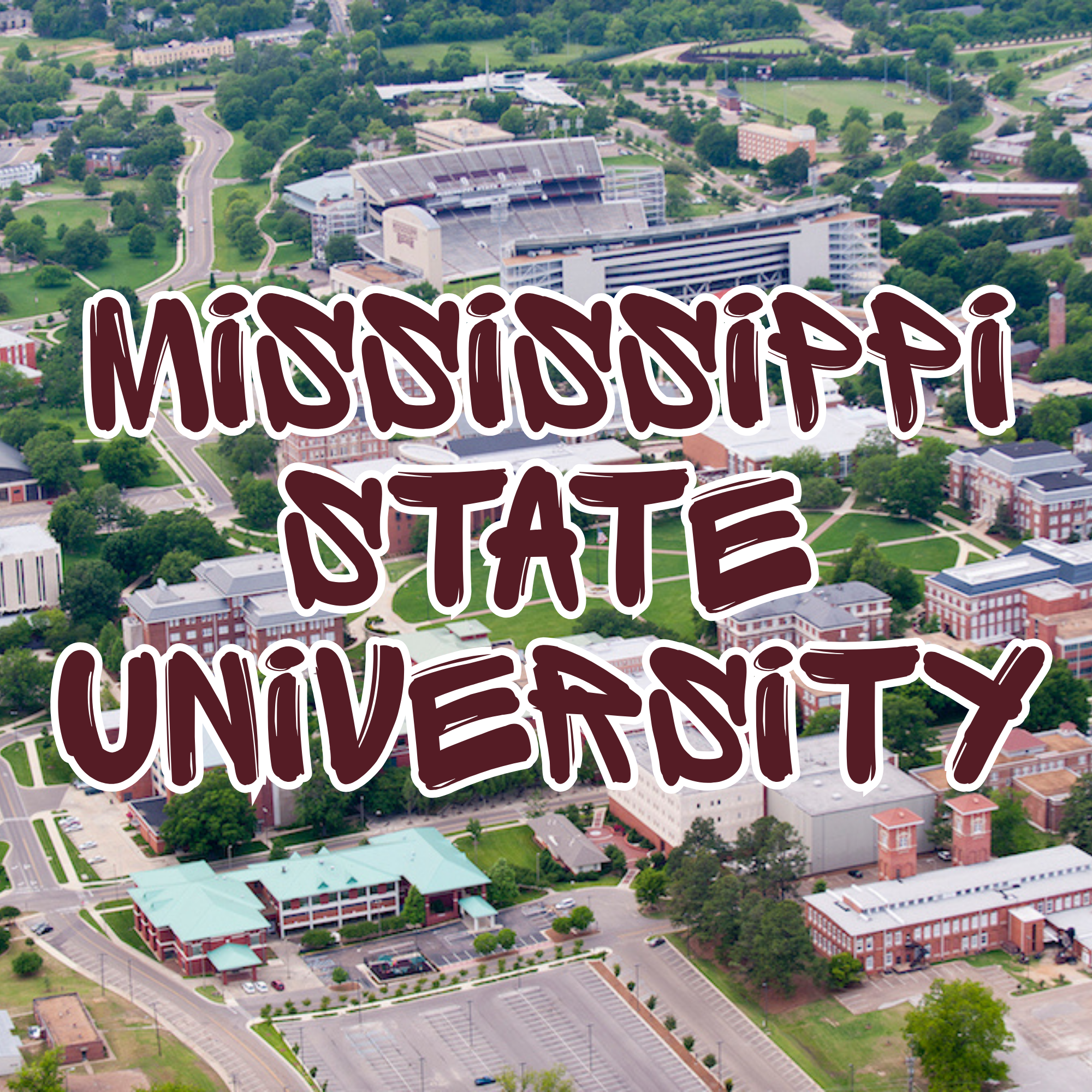 Aerial view of a university campus with a large stadium, green trees, roads, parking lots, and several academic buildings.