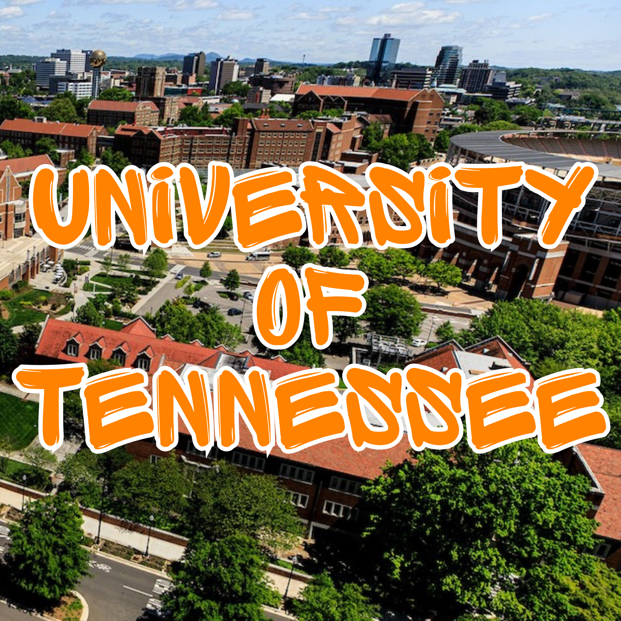 Aerial view of a cityscape with tall buildings, trees, and a large stadium or arena, under a partly cloudy sky, with the word 'UNIVERSITY' overlaid in bold, orange, graffiti-style text.