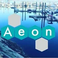 A marina with boats docked, overlaid with the text 'Aeon' in stylized hexagon shapes.