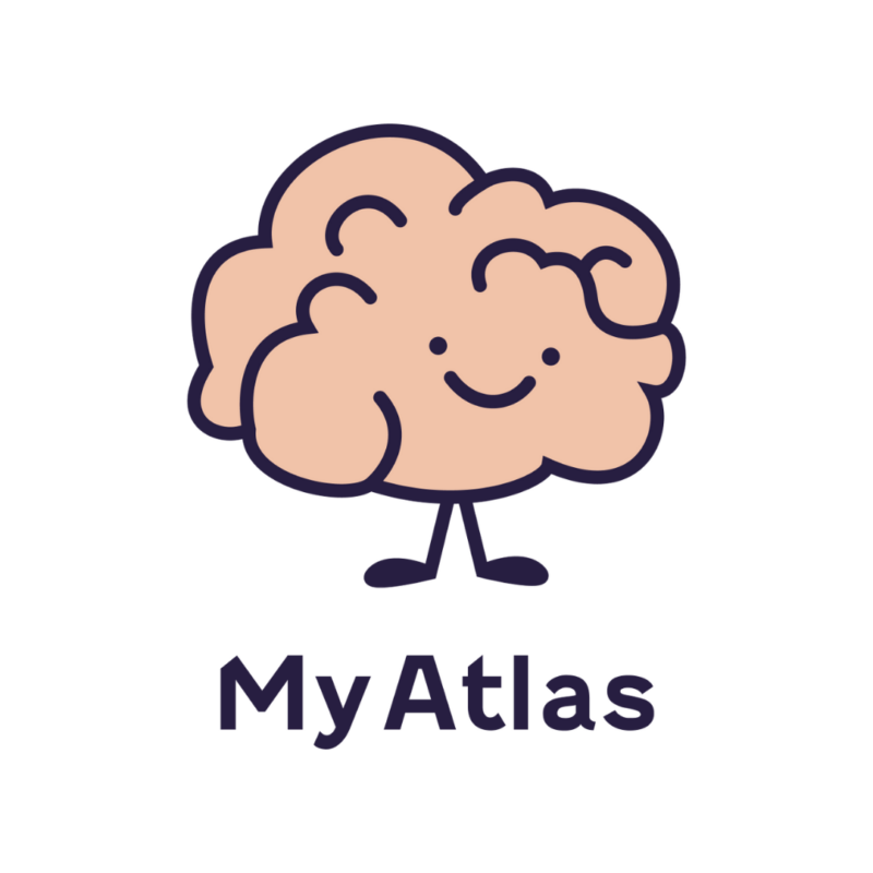 A cartoon illustration of a happy, smiling brain with legs and arms, with the text "My Atlas" below it.
