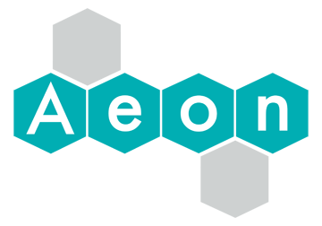 Logo with the word 'Aeon' in lowercase letters inside hexagonal shapes