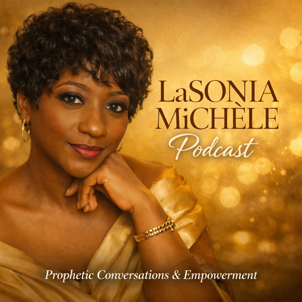 Portrait of LaSonia Michèle, a Black woman with short curly hair, wearing gold earrings, a gold bracelet, and a golden dress, resting her chin on her hand, against a golden, bokeh background promoting her podcast 'Prophetic Conversations & Empowerment'.