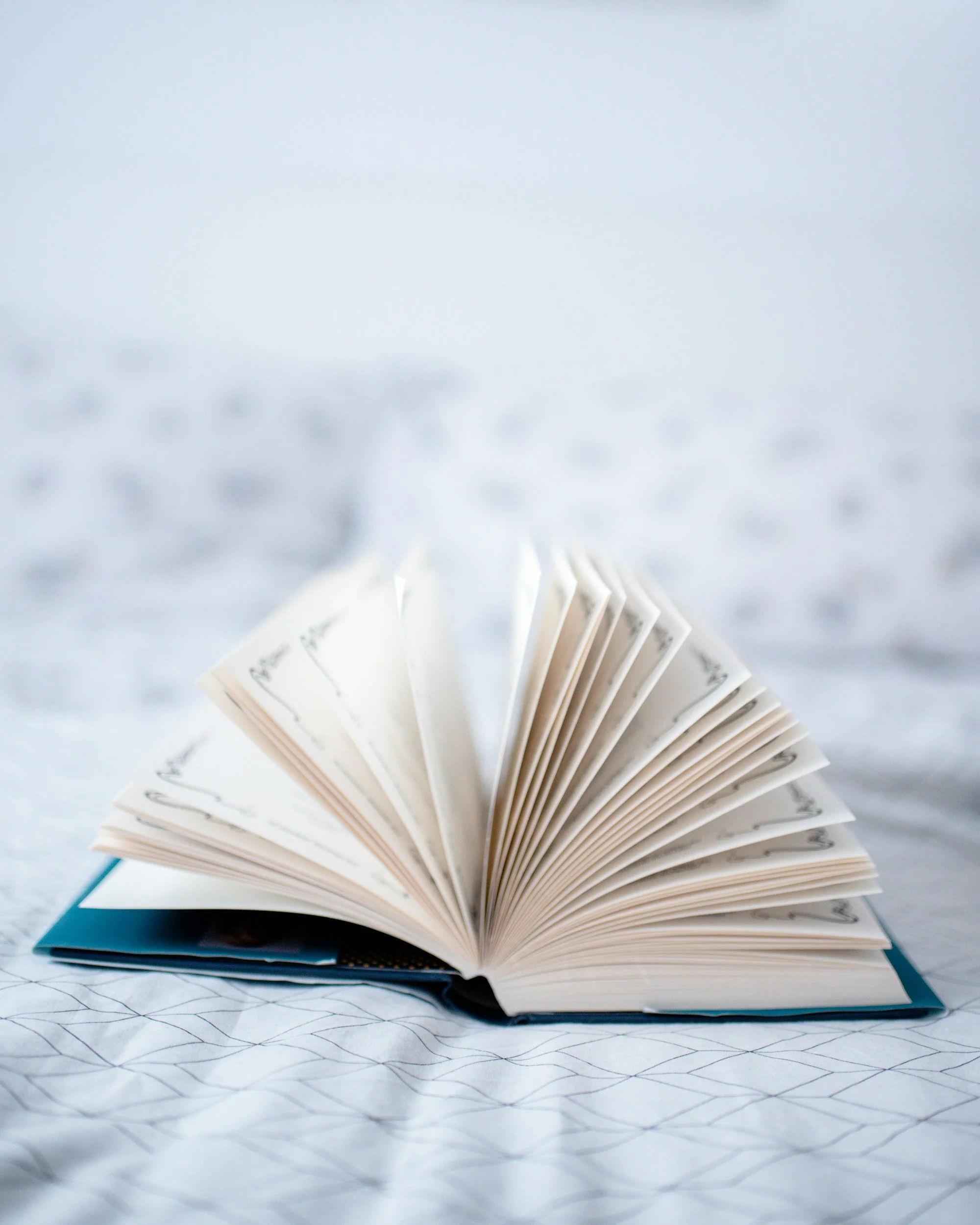 An open book with pages fanned out, resting on a patterned surface with a soft, blurred background.