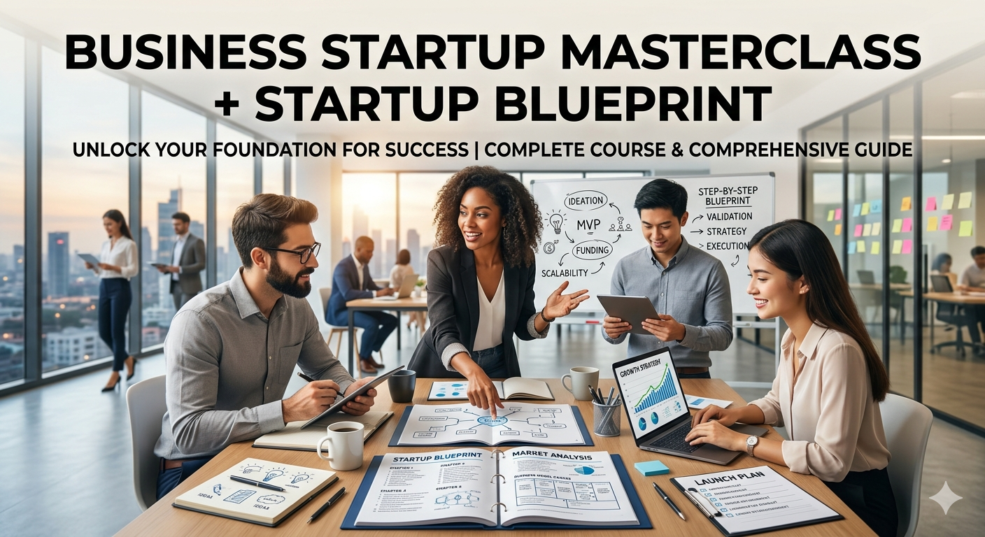 A diverse group of professionals participating in a business startup masterclass and blueprint planning in a modern office with city view, laptops, charts, and whiteboard.