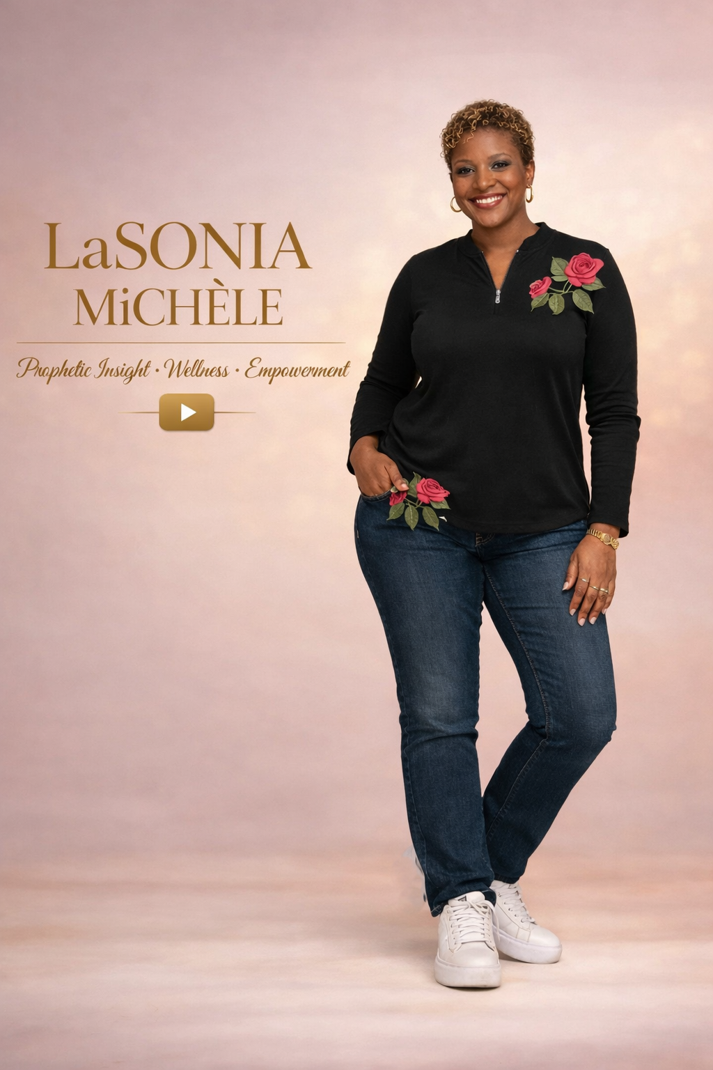 A woman standing against a light pink background with gold text and a play button icon. The woman has short curly hair, wearing a black top with pink roses embroidered on the shoulder and near the pocket, blue jeans, white sneakers, gold watch, and hoop earrings. The text reads 'LaSONIA MICHELE Prophetic Insight Wellness Empowerment'.