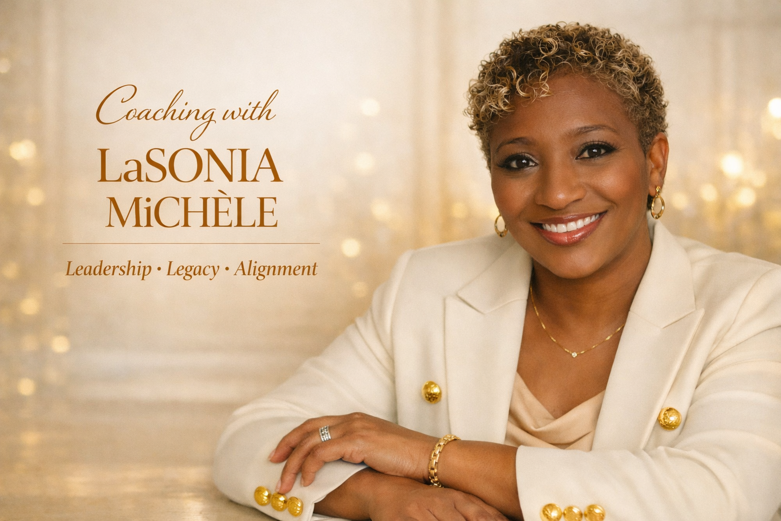 A woman with short curly hair smiling, wearing a cream-colored blazer with gold buttons, gold jewelry, and earrings, sitting at a table with a golden background. Text on the image reads "Coaching with LaSONIA MICHELE" and "Leadership · Legacy · Alignment."