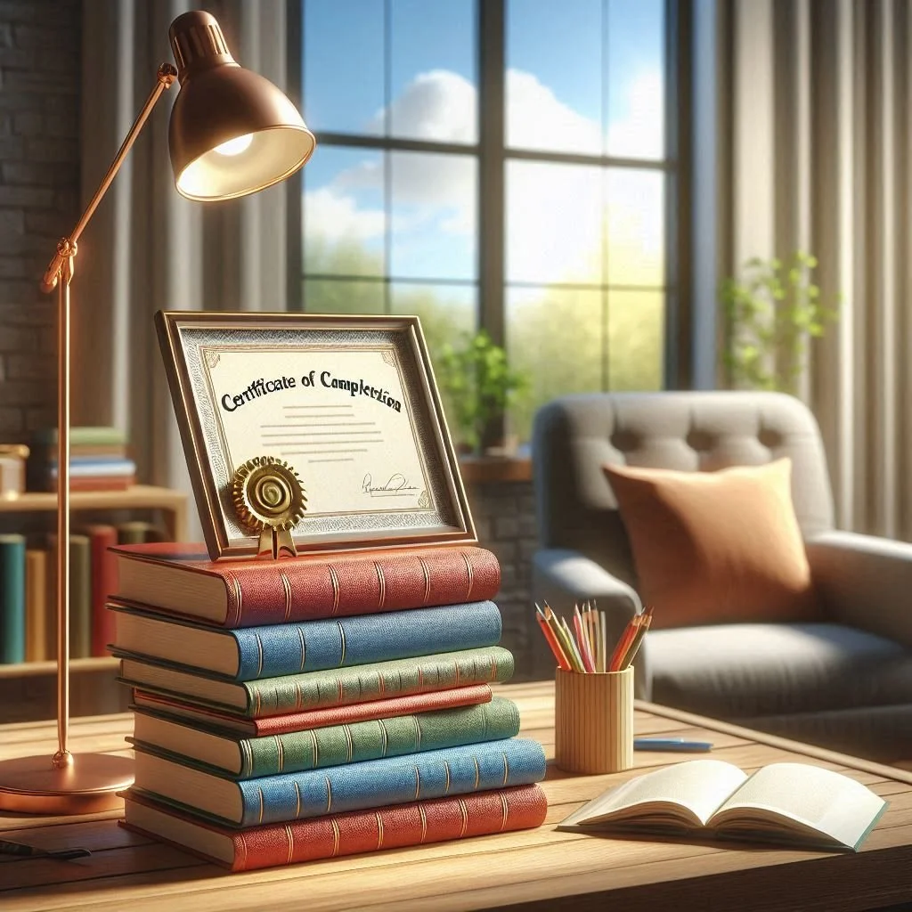 a pile of books and a certificate of completion.png