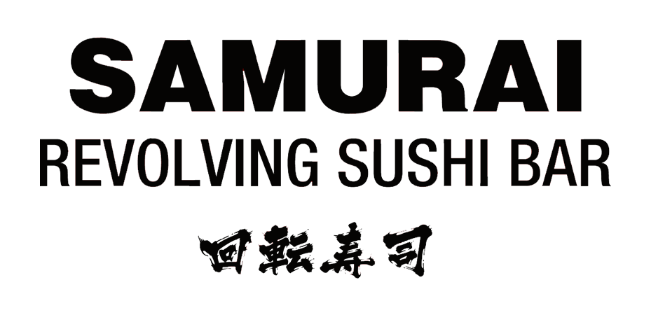 SAMURAI REVOLVING SUSHI BAR logo with black text and Chinese lettering.