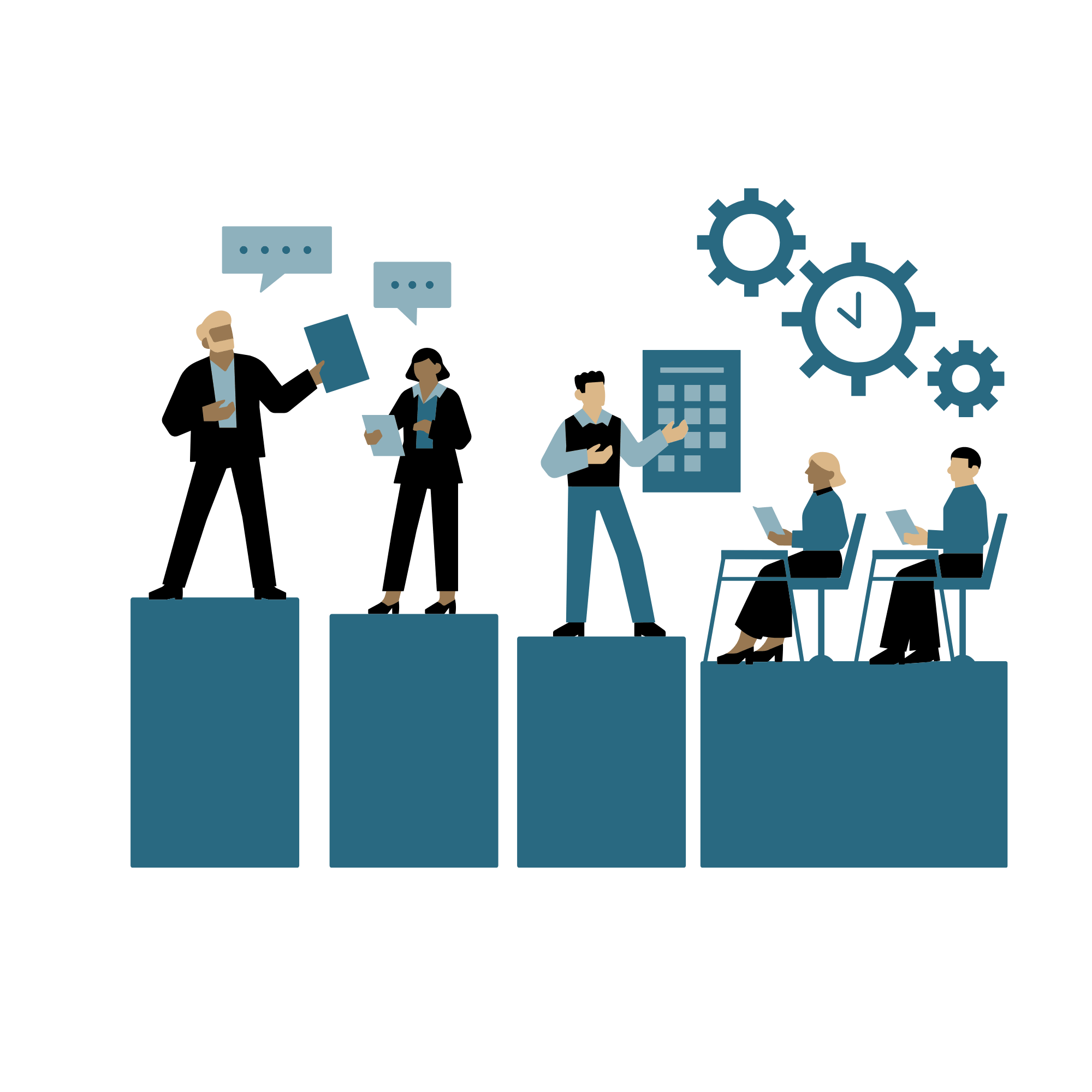 People standing on building blocks doing various tasks showing conversations, working on tasks, and planning