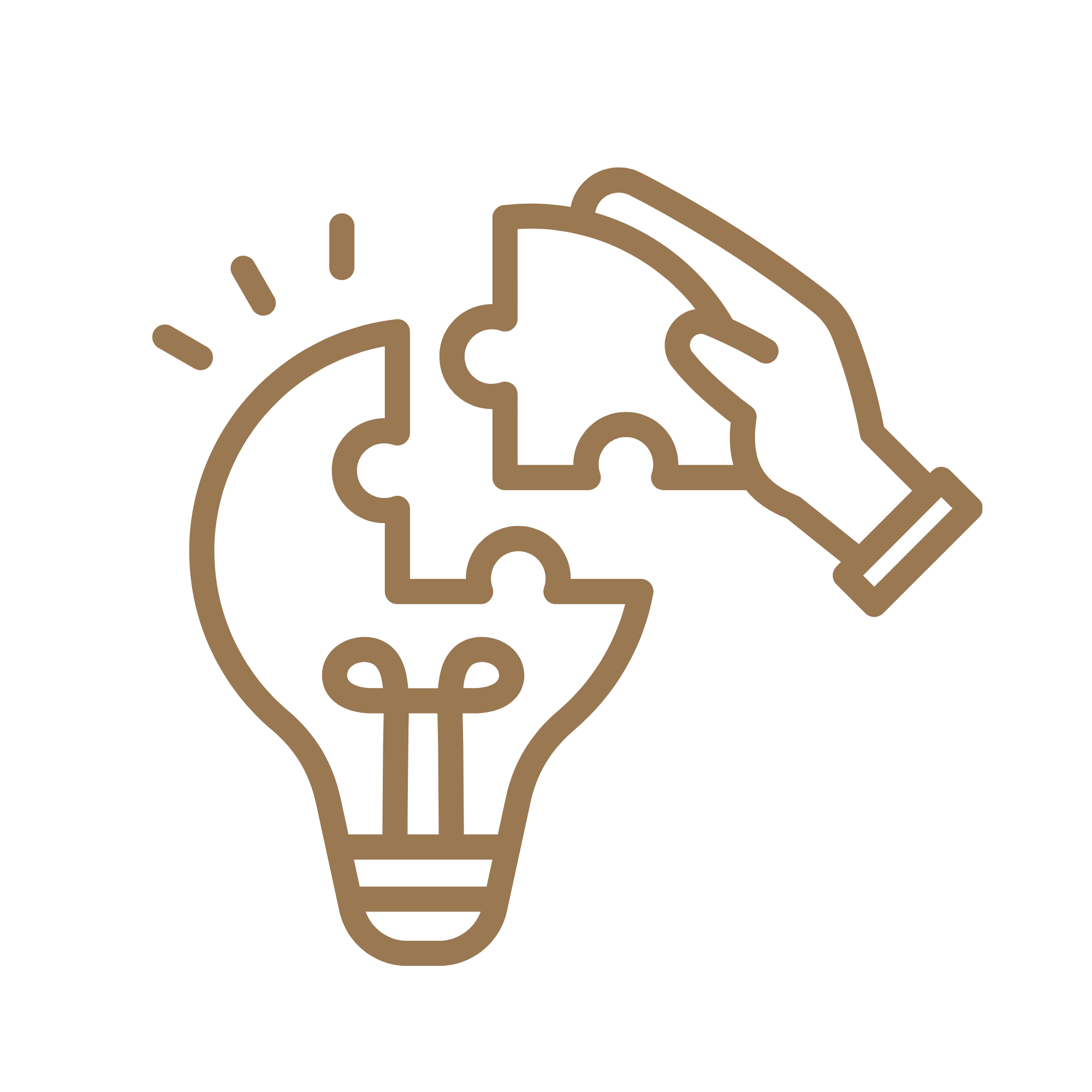 Graphic that is gold of a lightbulb brightened, with a hand picking up a cut out of the light bulb in the shap of a puzzle piece