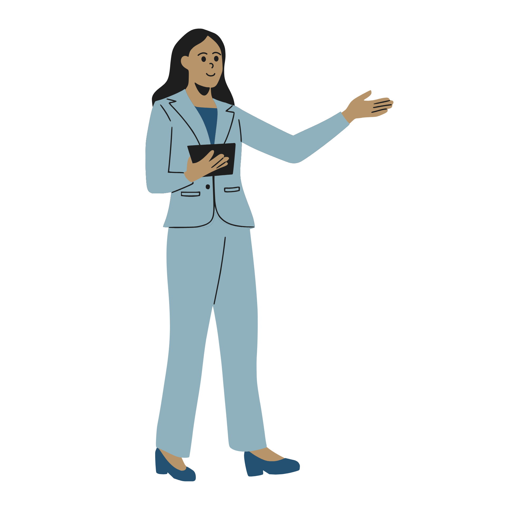Graphic of a woman with brown hair in a light blue suit with dark blue heels and a dark blue shirt holding a black ipad gesturing that she is walking to the right of the screen.