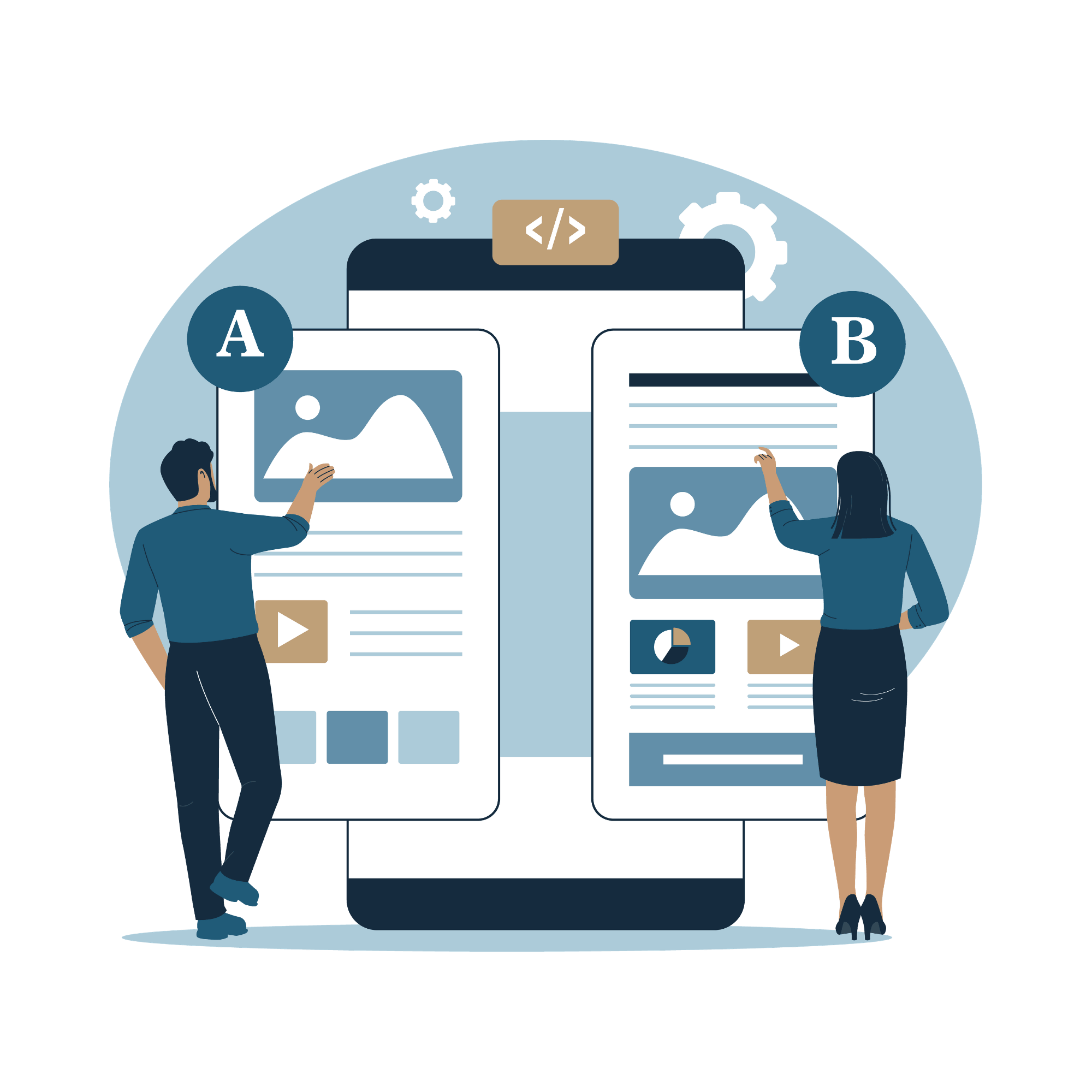 Graphic of a blue circle backgroudn with 2 people using large versions of a phone screen labeled  capitol  A and capitol B showing they are completing tasks on screens