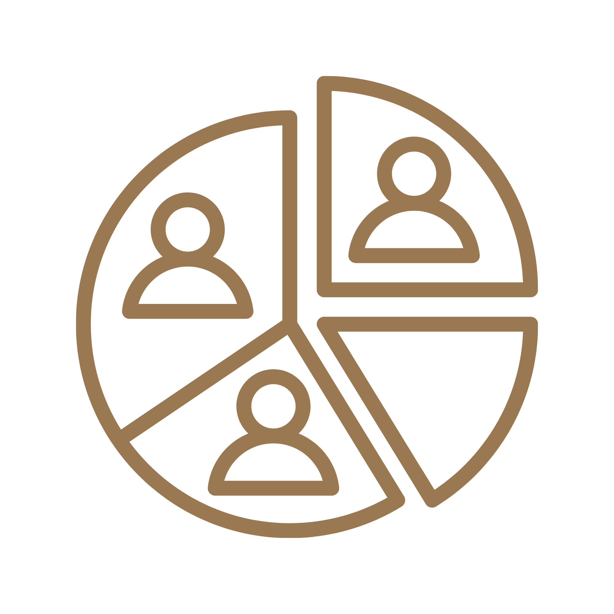 Graphic that is gold of a pie chart split into 4 peices with the 3 of the pieces that have 3 graphics of a single person inside