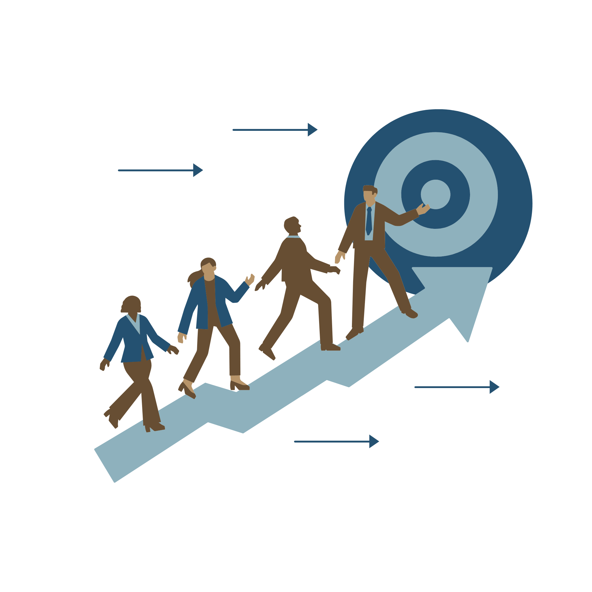Graphic of people dressed in shades of blue and brown walking up a blue arrow that is trending upwards towards a target that is 2 different shades of blue andn there are 2 single thinner arrows on the top and 2 single thinner arrows on the bottom