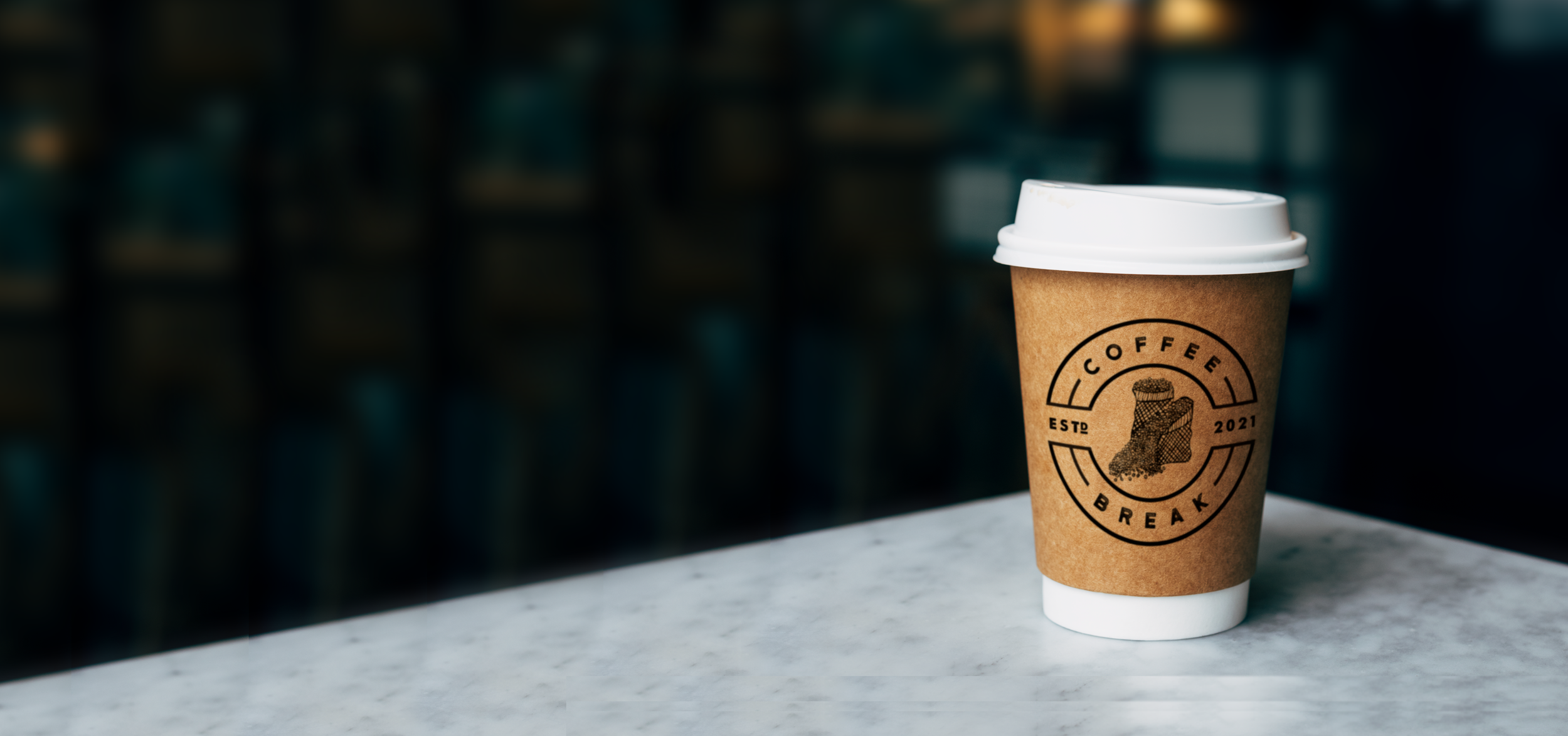 Coffee Break Mockup Coffee Cup on a white marble table