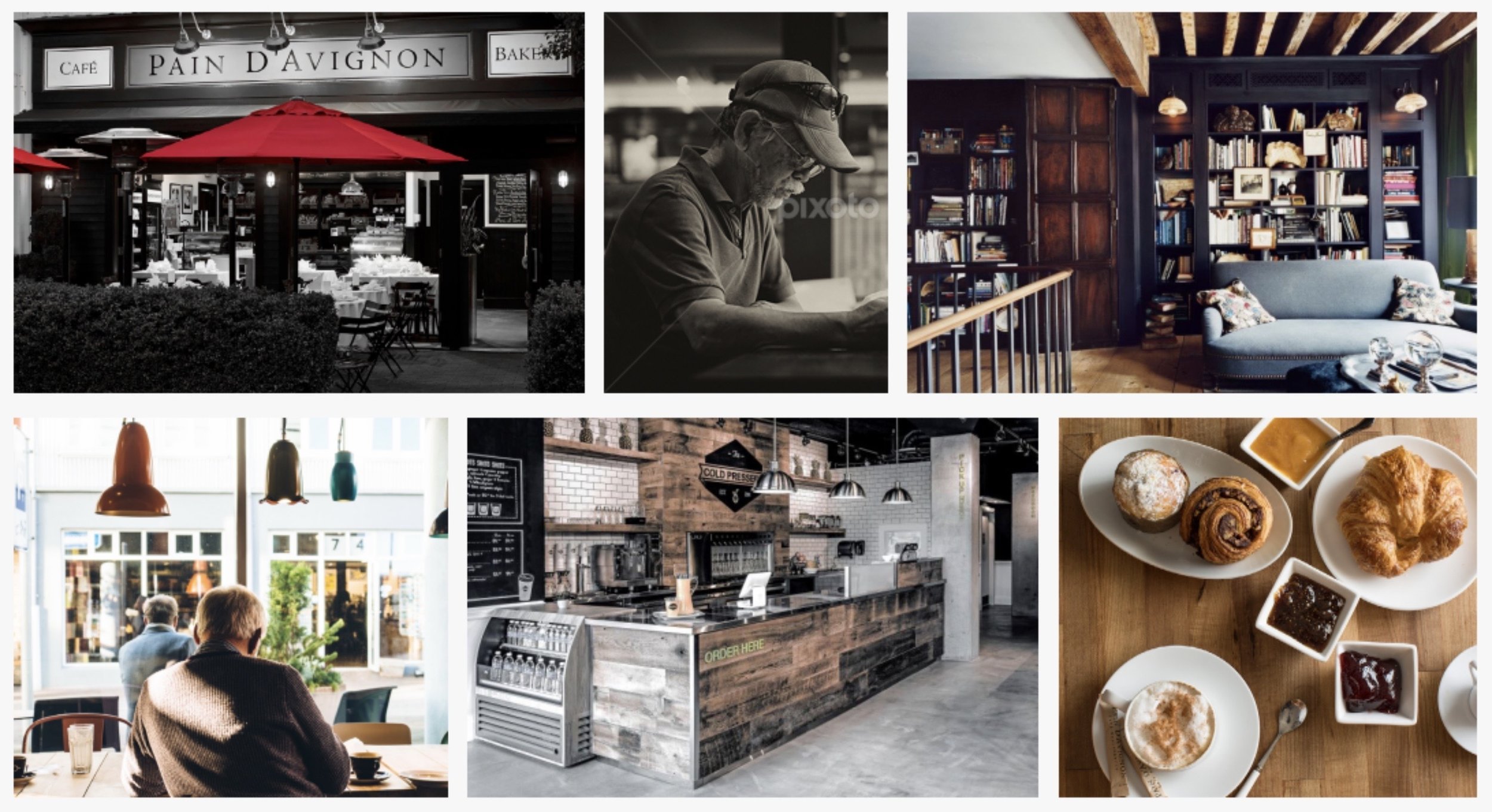 Moodboard for Coffee Break Branding including natural wood colors, old rustic feels, and a welcoming atmosphere.